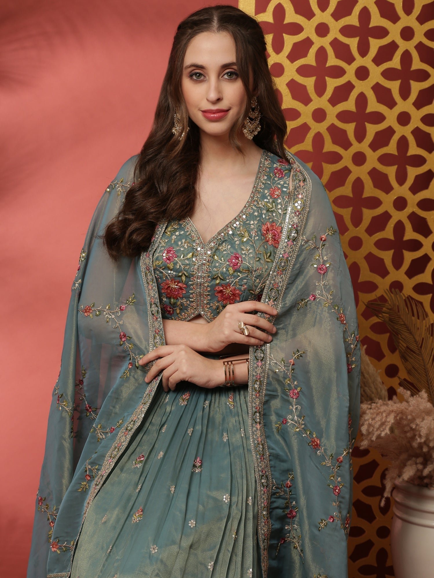 Rama Tissue Silk Ghagra Set With Embroiderey - Image 7