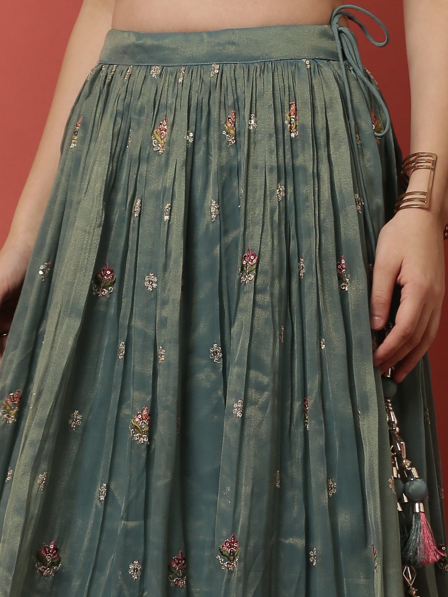 Rama Tissue Silk Ghagra Set With Embroiderey - Image 8