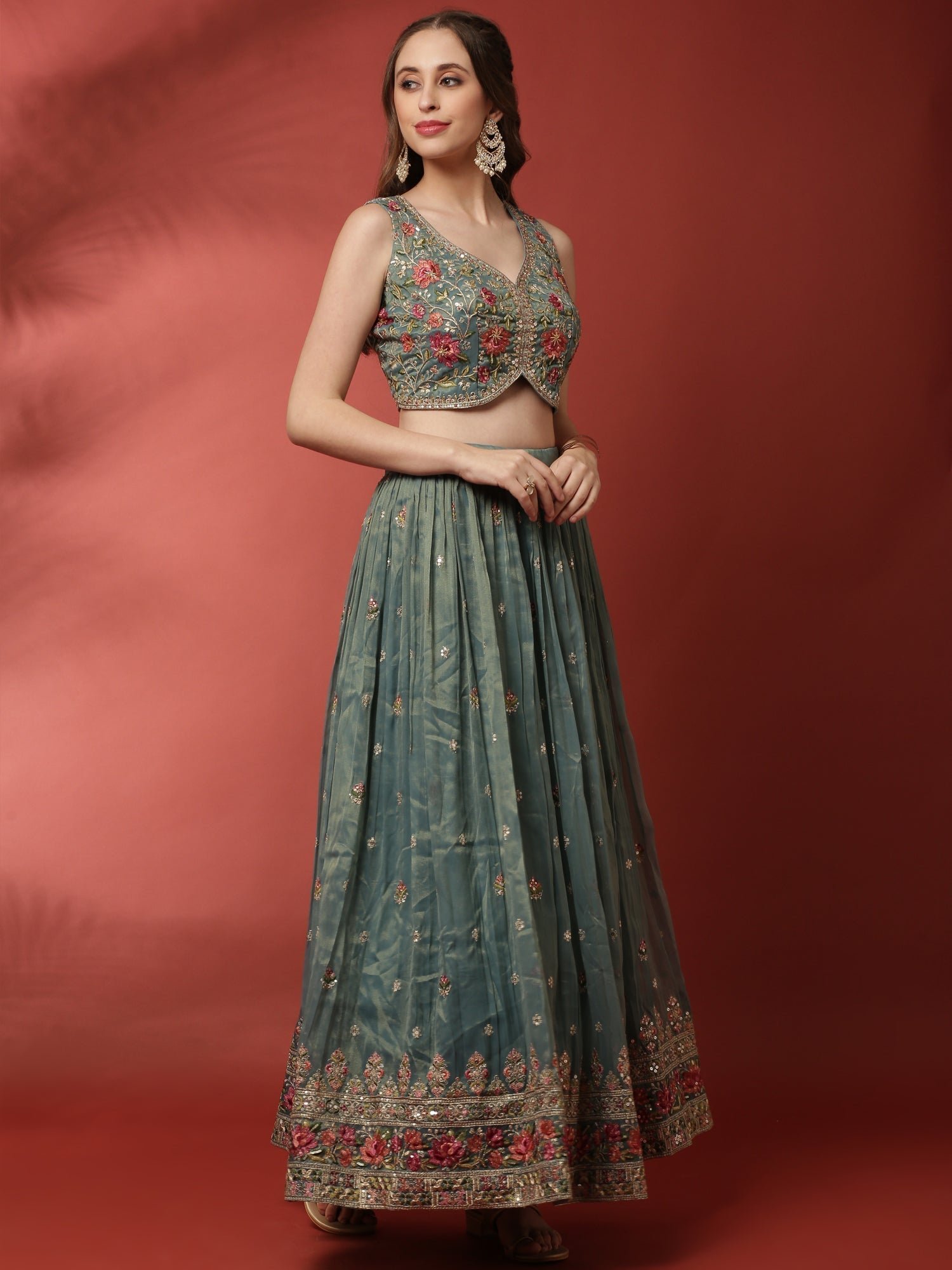 Rama Tissue Silk Ghagra Set With Embroiderey - Image 3