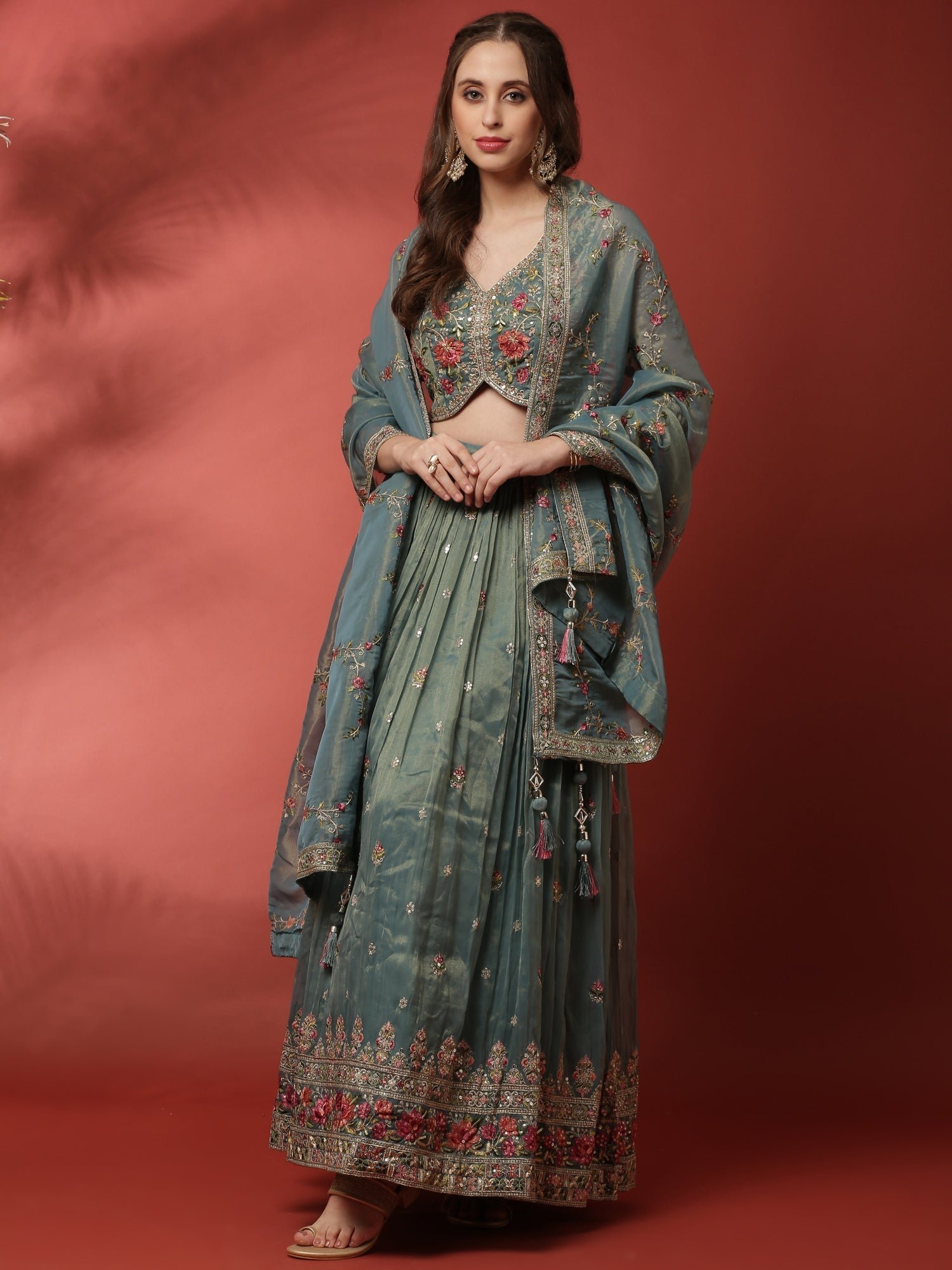 Rama Tissue Silk Ghagra Set With Embroiderey - Image 6