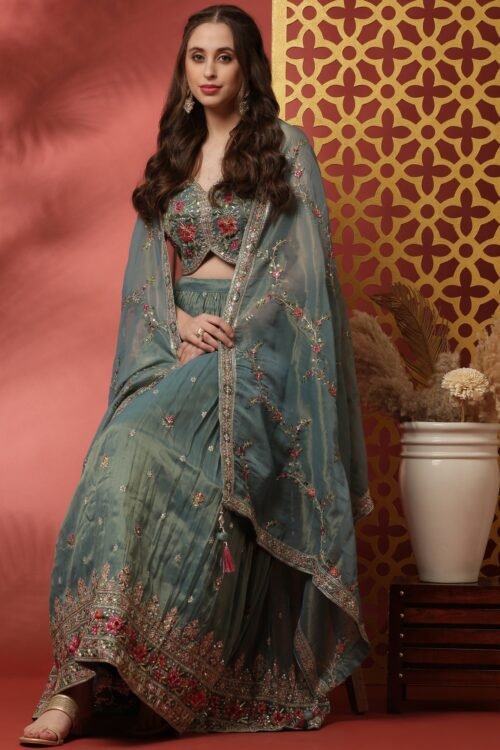 Rama Tissue Silk Ghagra Set With Embroiderey