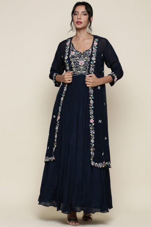 Peacock Georgette resham embroidered anarkali with jacket