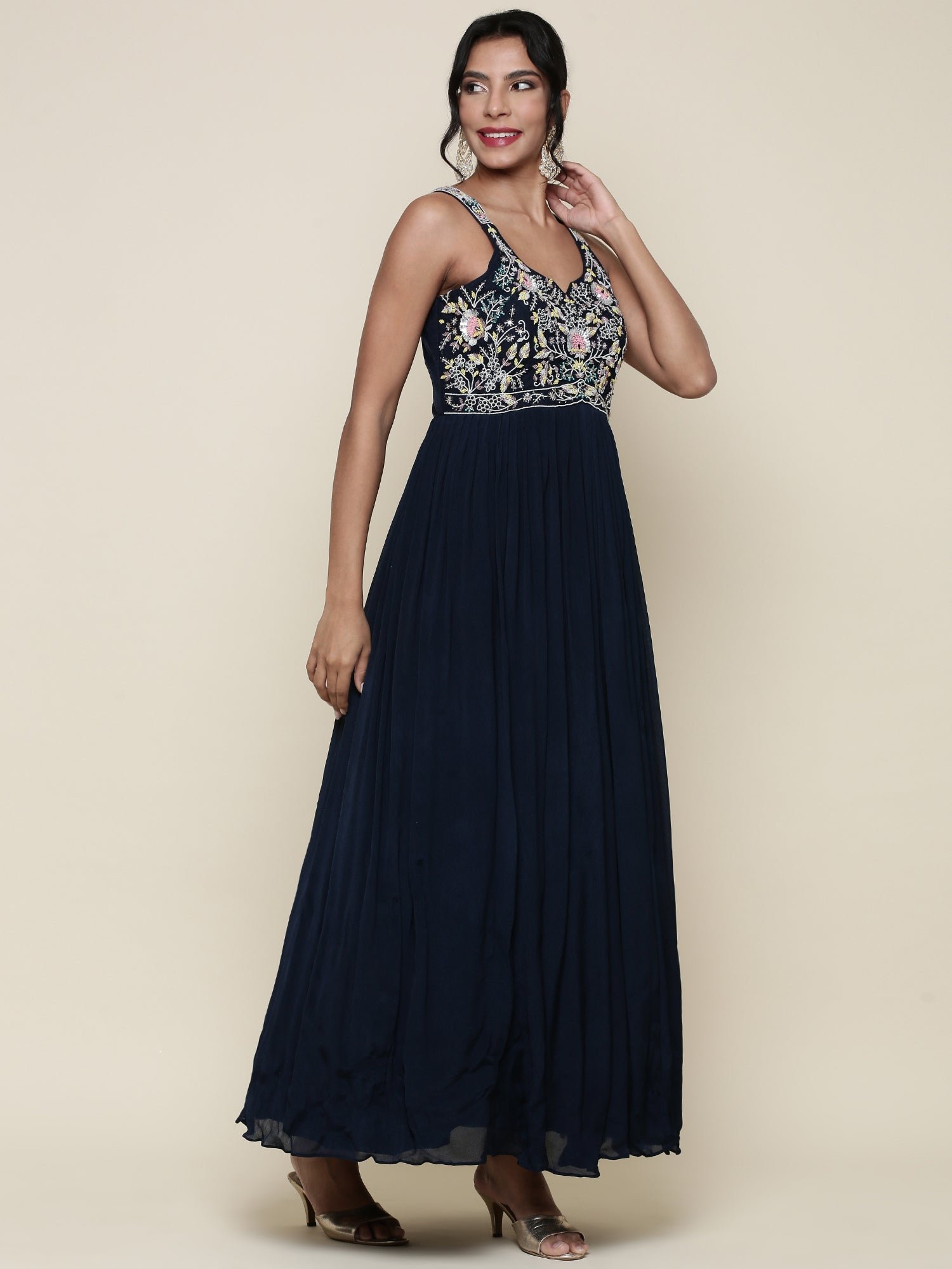 Peacock Georgette resham embroidered anarkali with jacket - Image 2