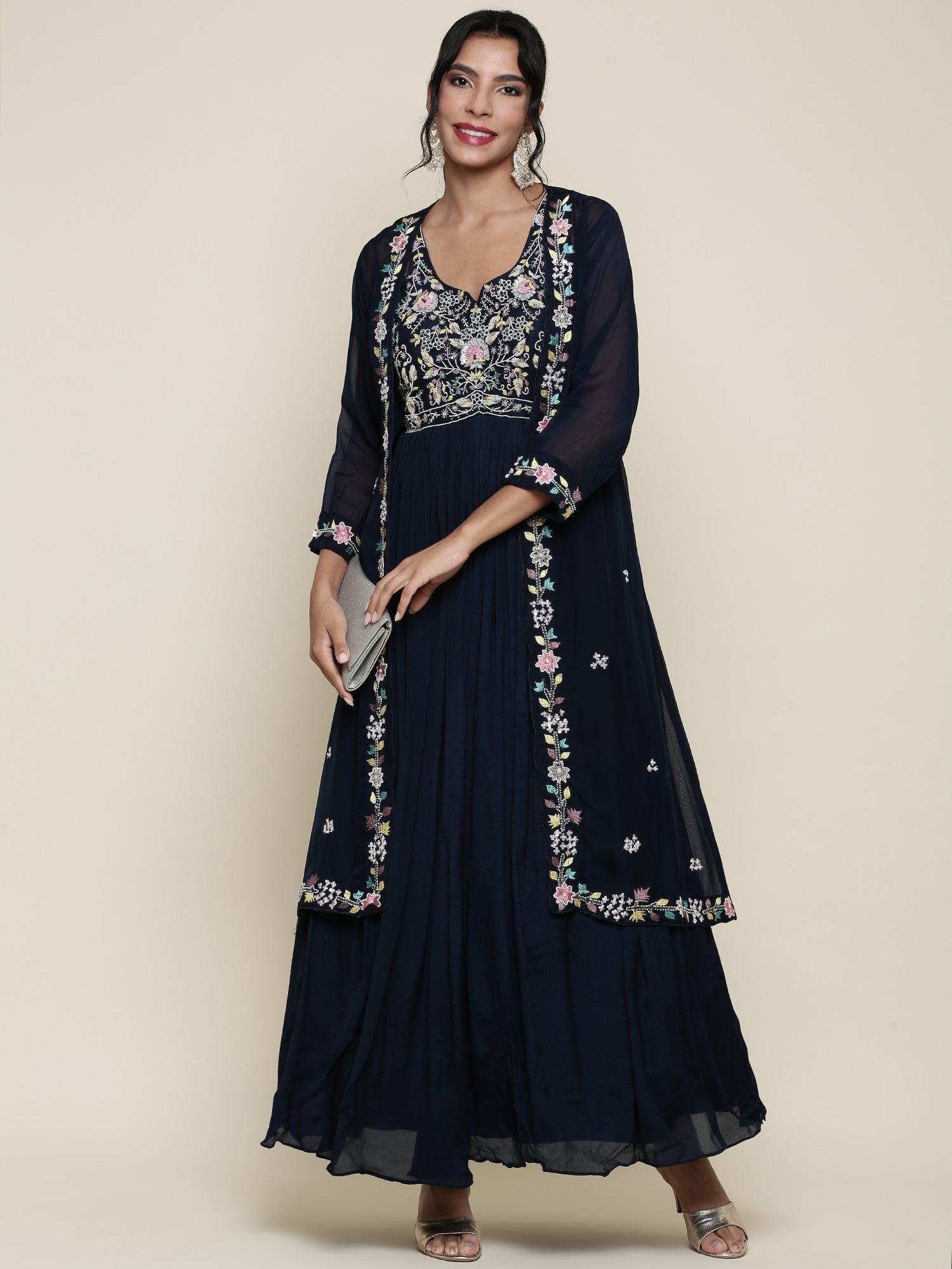 Peacock Georgette resham embroidered anarkali with jacket - Image 5