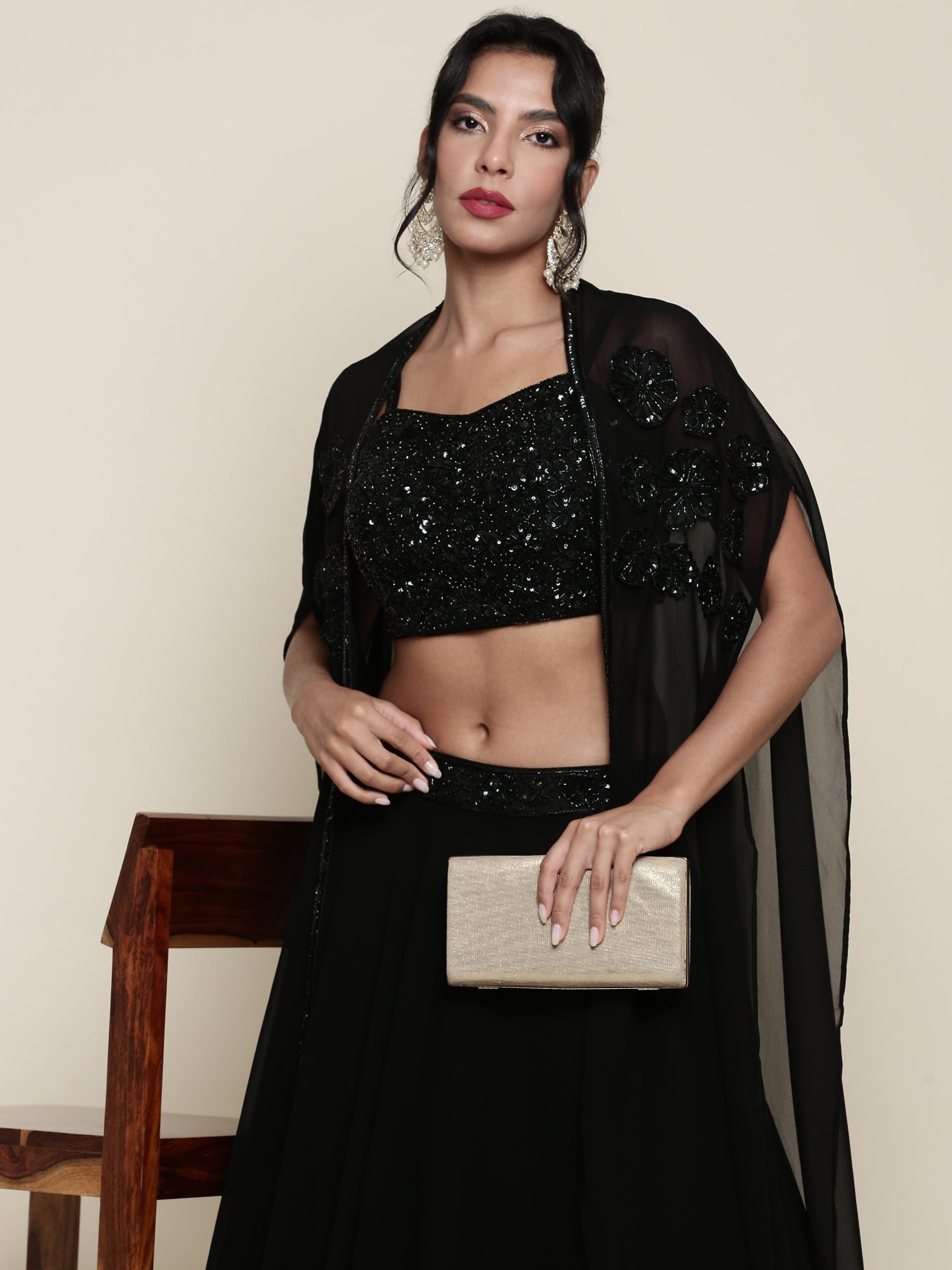 Geogette black embroidered crop top and palazoo set - Image 2