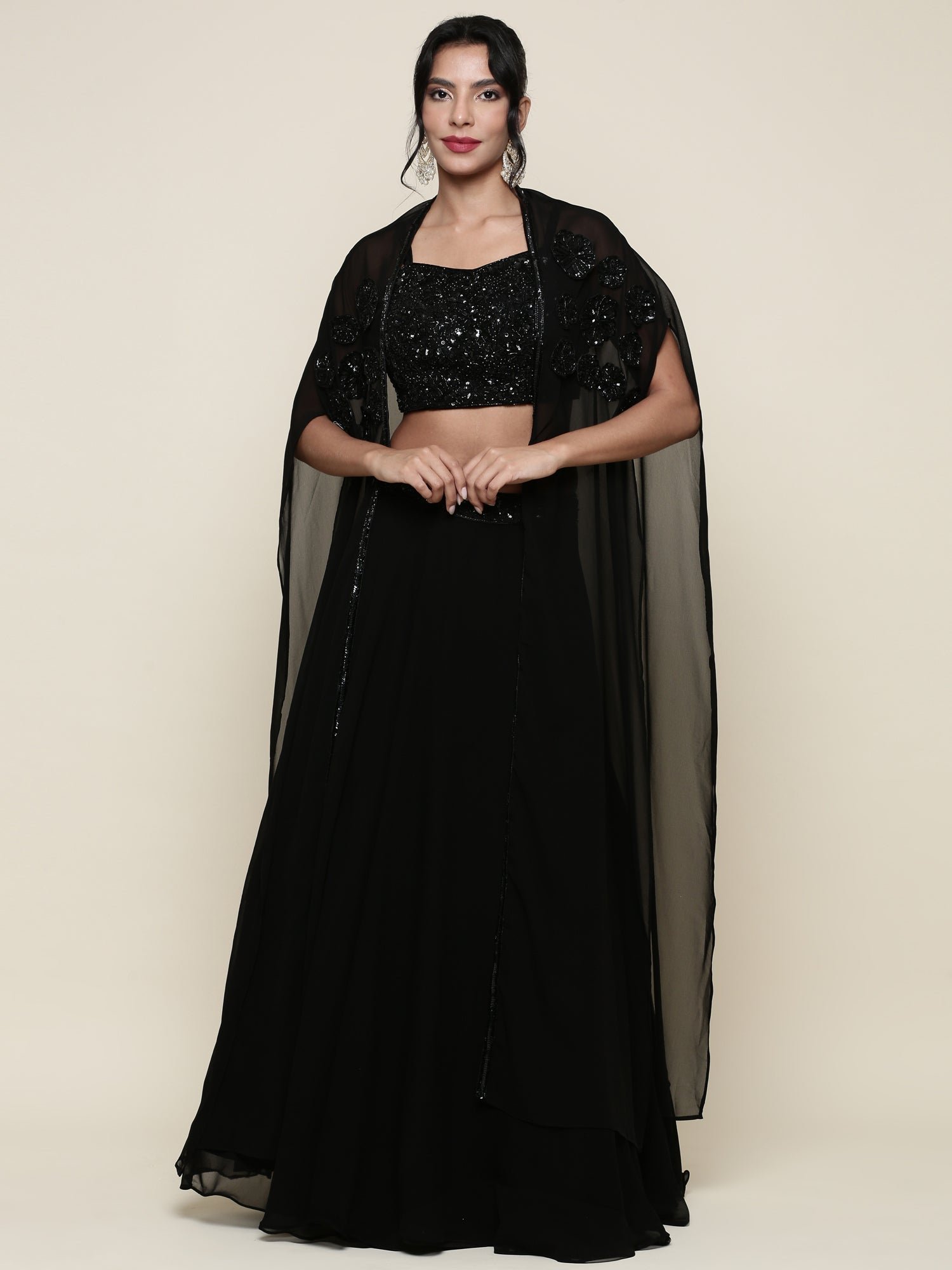 Geogette black embroidered crop top and palazoo set - Image 5