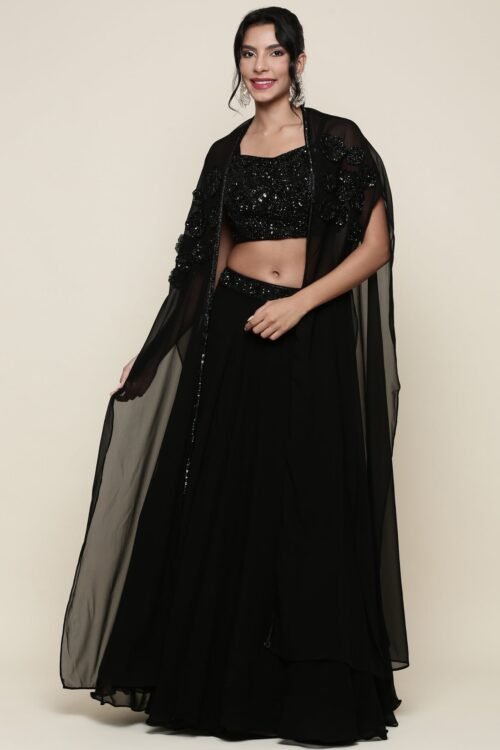 Geogette black embroidered crop top and palazoo set
