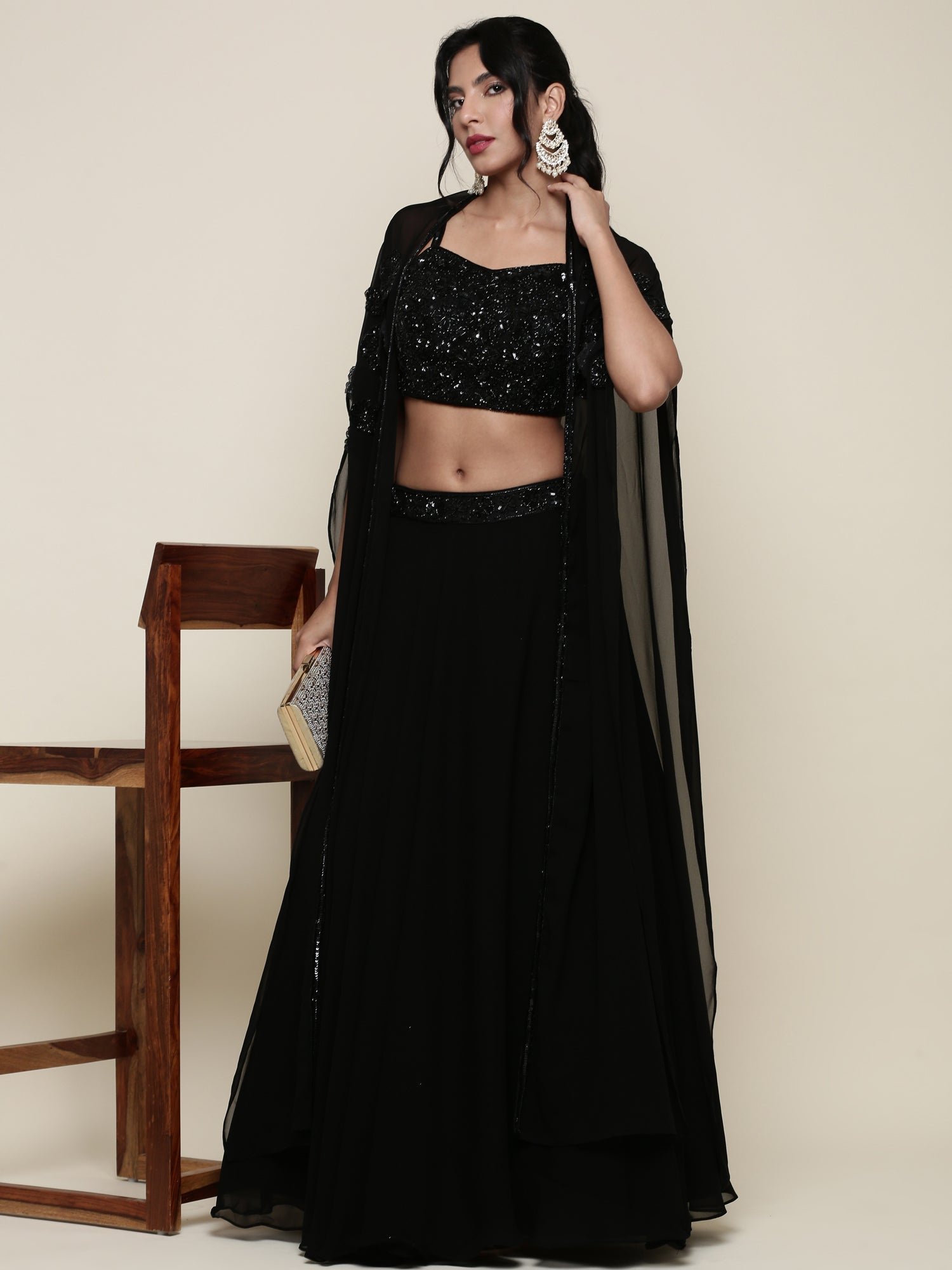 Geogette black embroidered crop top and palazoo set - Image 6