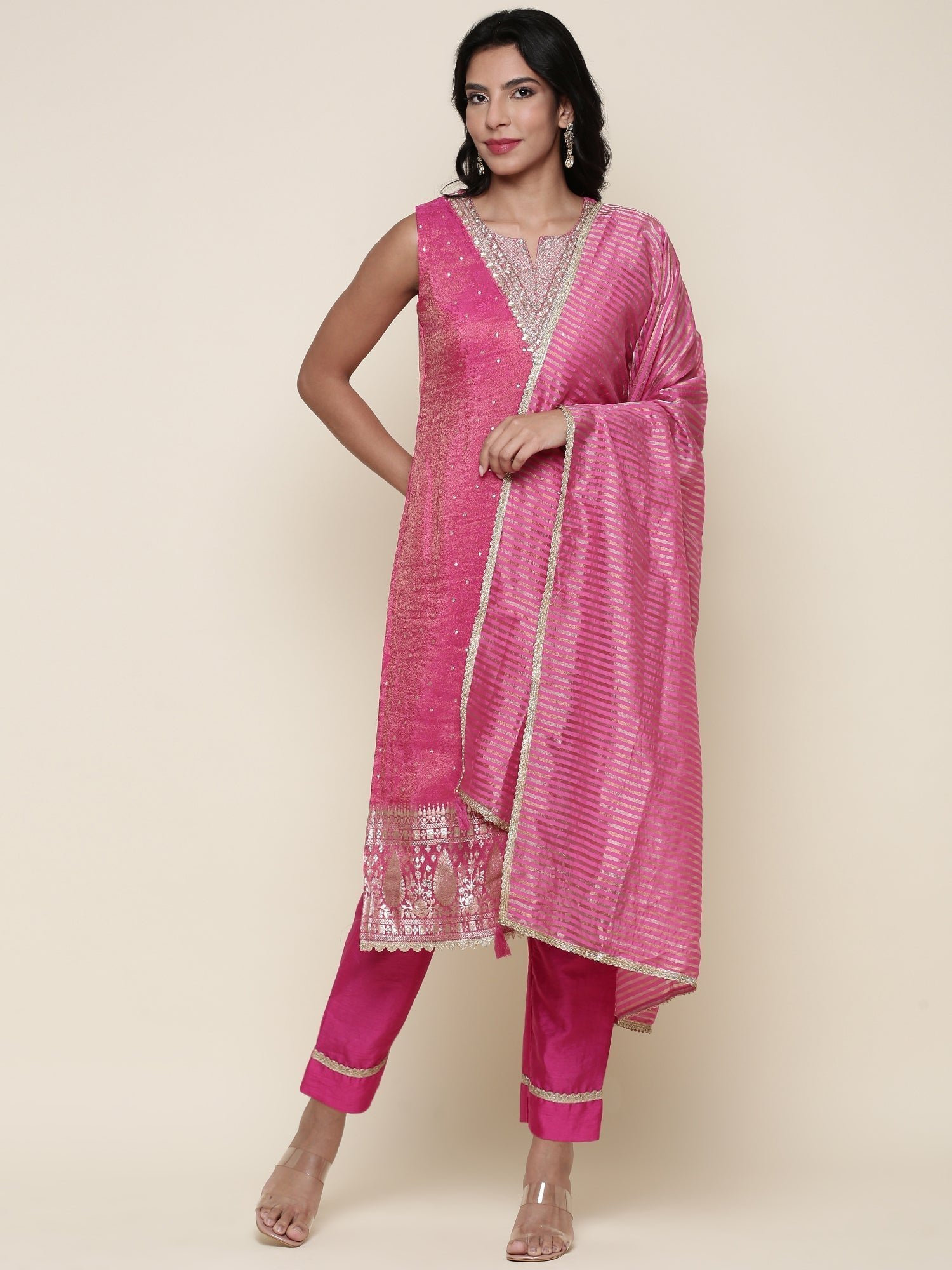 Pink Tissue Suit Embroidered three piece set - Image 2