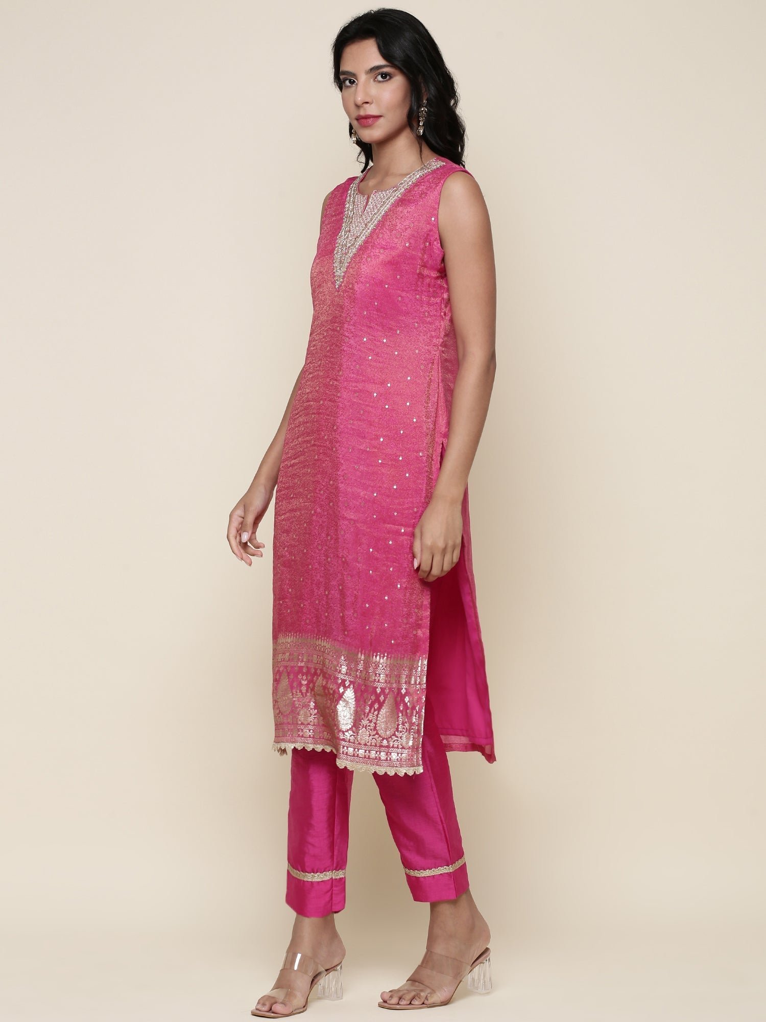 Pink Tissue Suit Embroidered three piece set - Image 3