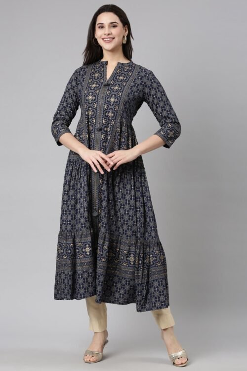 Websprint Navy Blue Flared Floral Maxi Dresses — Casual Chic & Flattering Silhouette