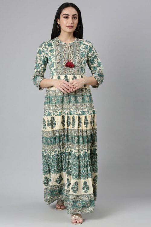 Websprint Green Flared Floral Maxi Dresses – Casual Chic Style
