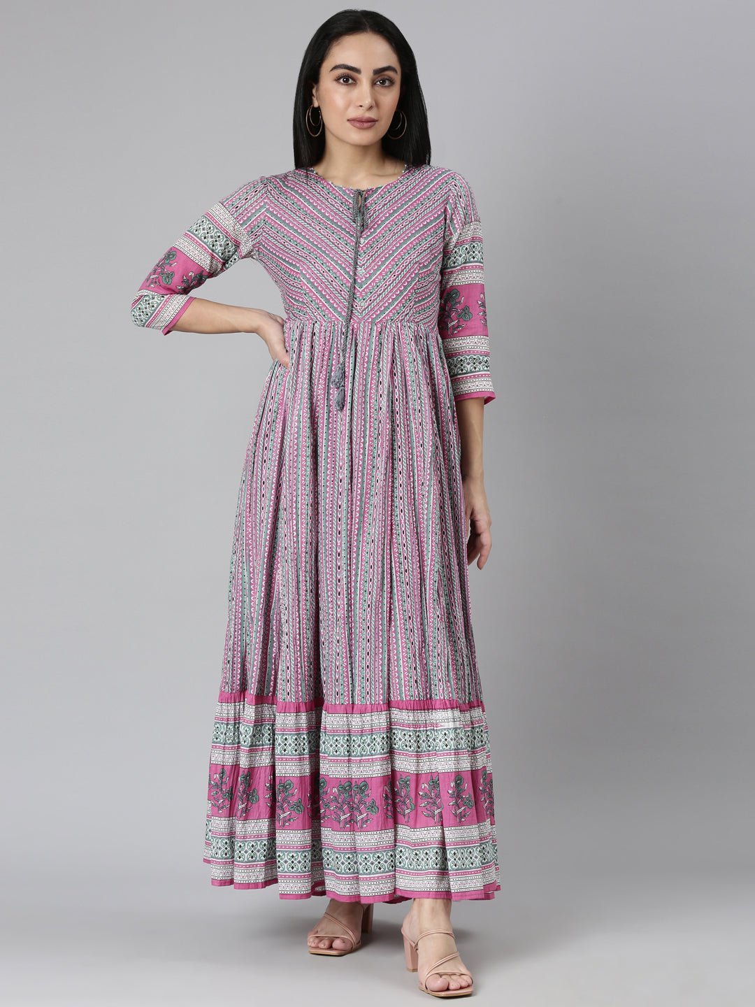 Websprint Pink Curved-Hem Casual Ethnic Motifs Maxi Dresses