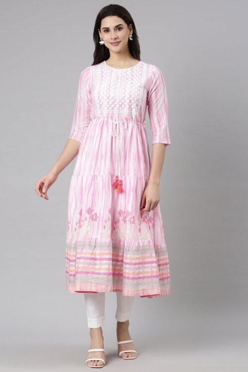 Transacthubs Pink Flounce Casual Floral Fit-and-Flare Dresses