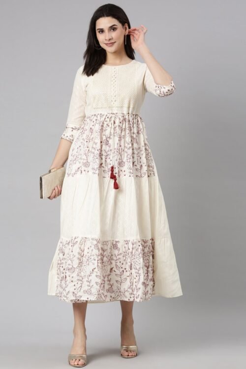 Websprint Cream Floral Flounce Dresses – Casual Fit-and-Flare Silhouette