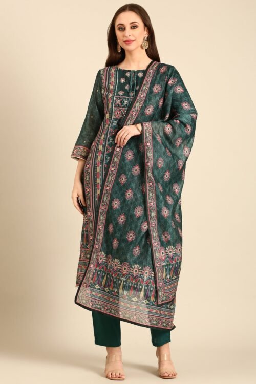 Bottle Green Suit set with Organza duppatta