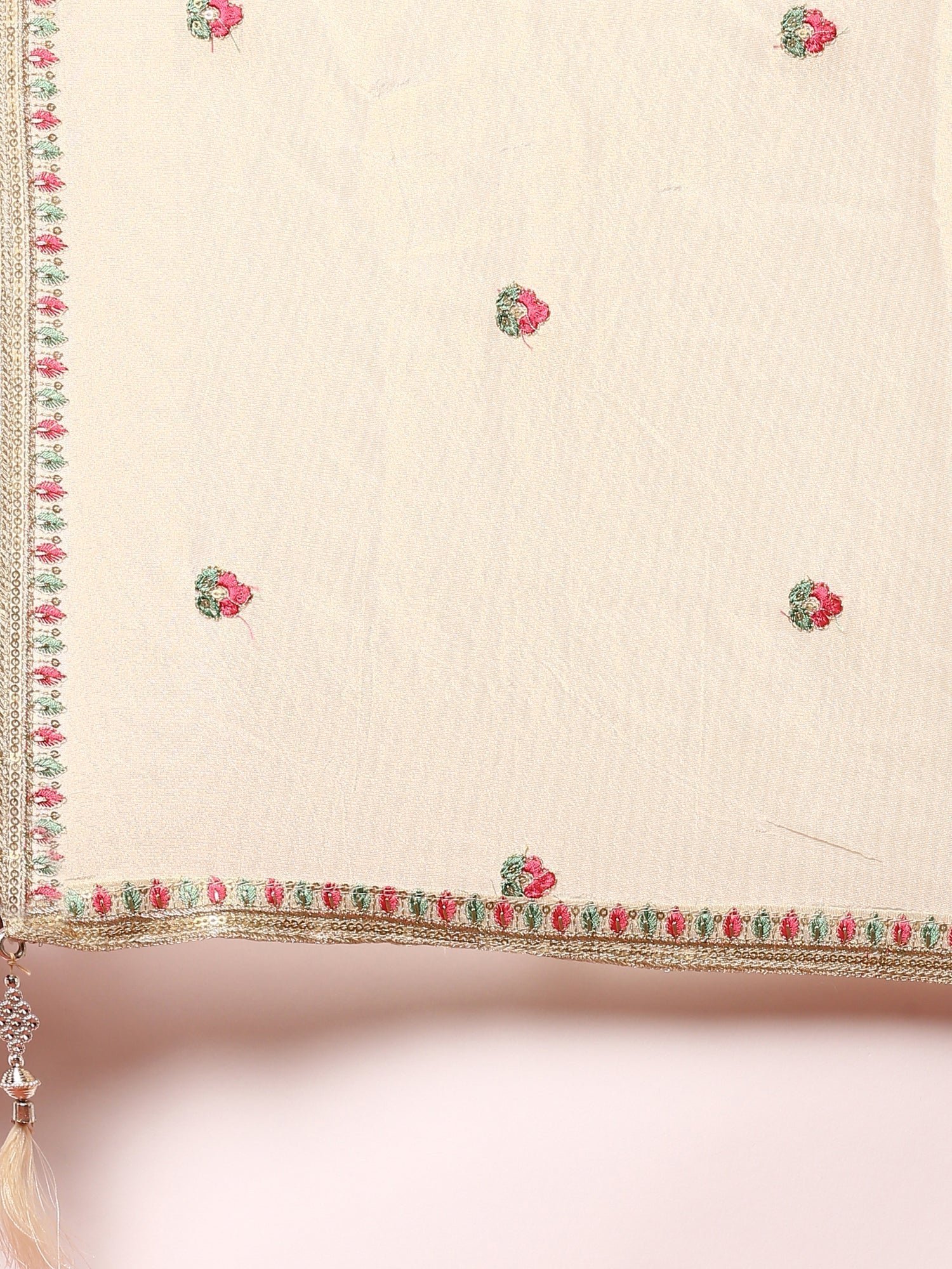 Cream floral thread work tissue fabric three piece anarkali set - Image 7