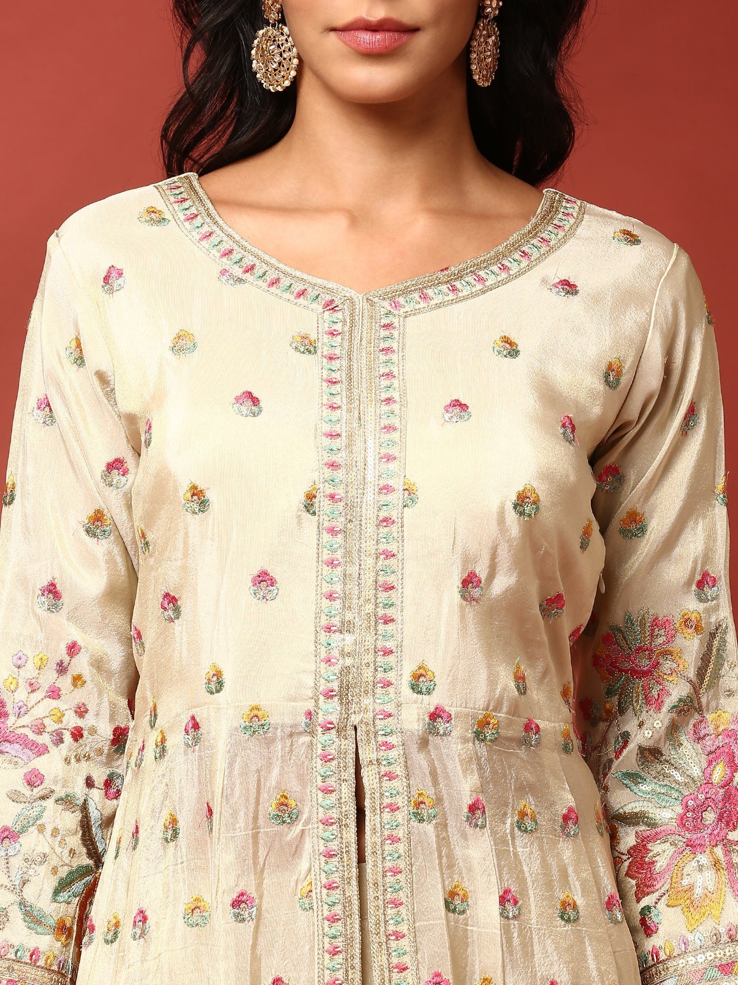 Cream floral thread work tissue fabric three piece anarkali set - Image 4
