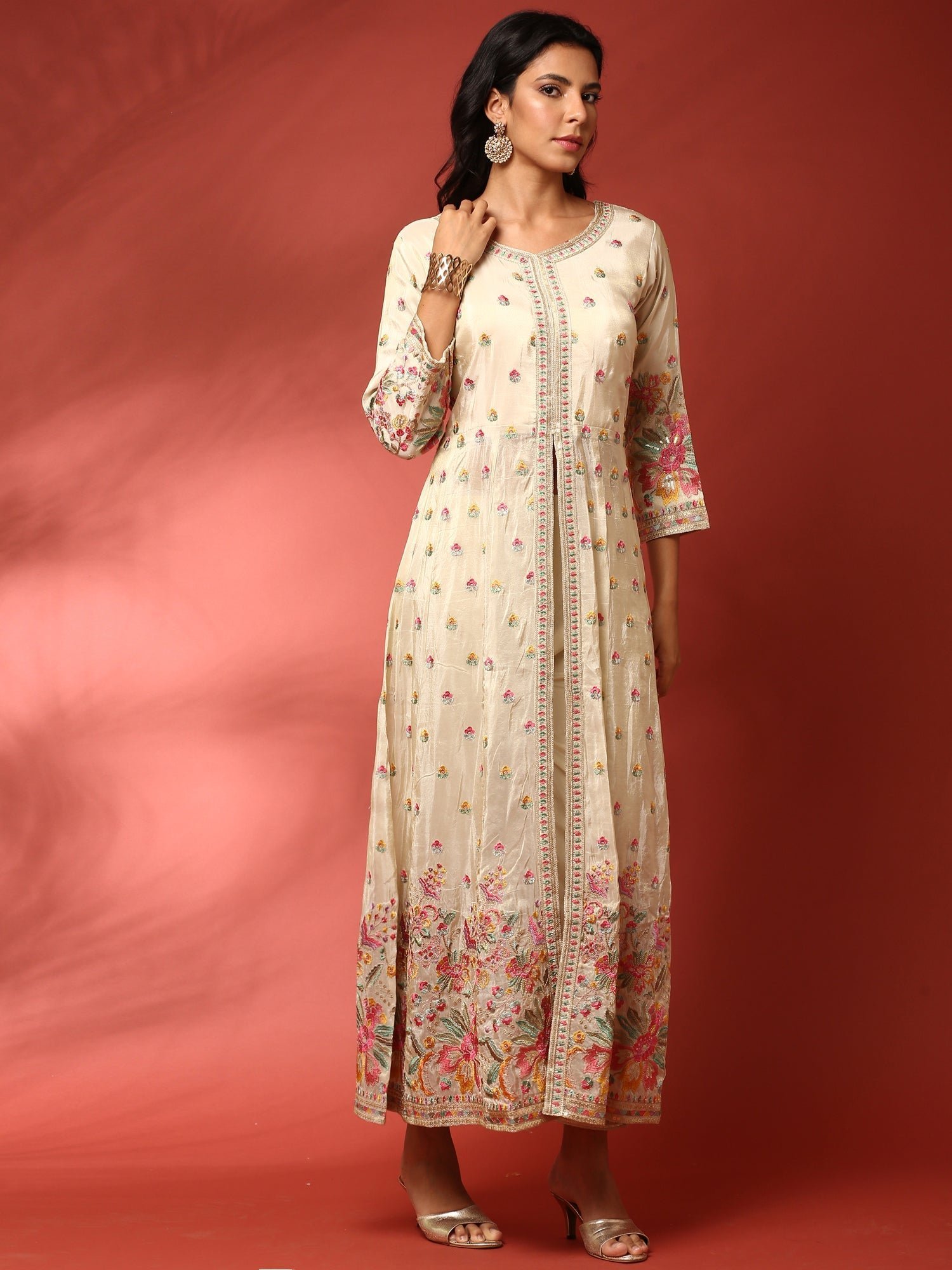 Cream floral thread work tissue fabric three piece anarkali set - Image 2