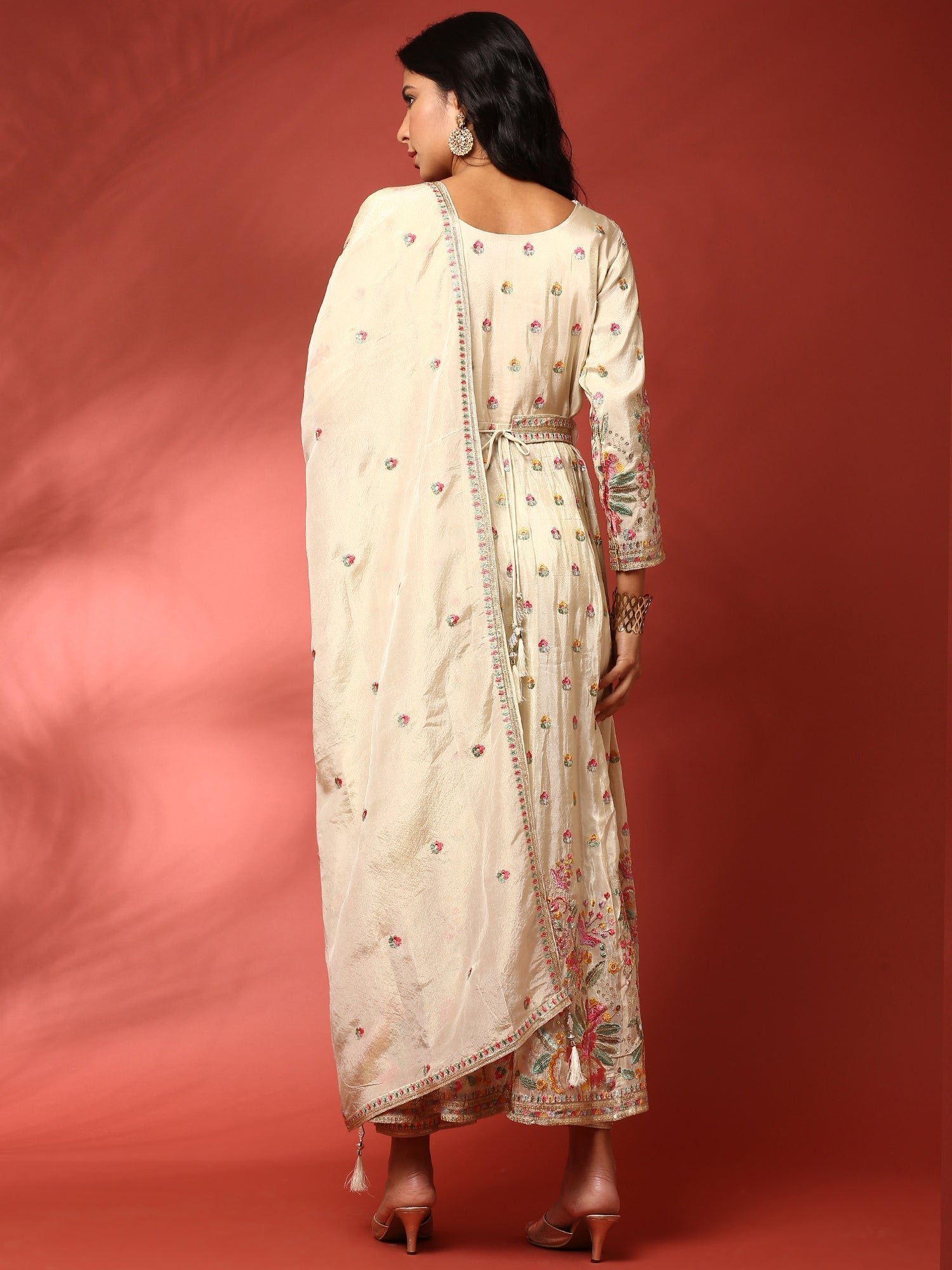 Cream floral thread work tissue fabric three piece anarkali set - Image 3