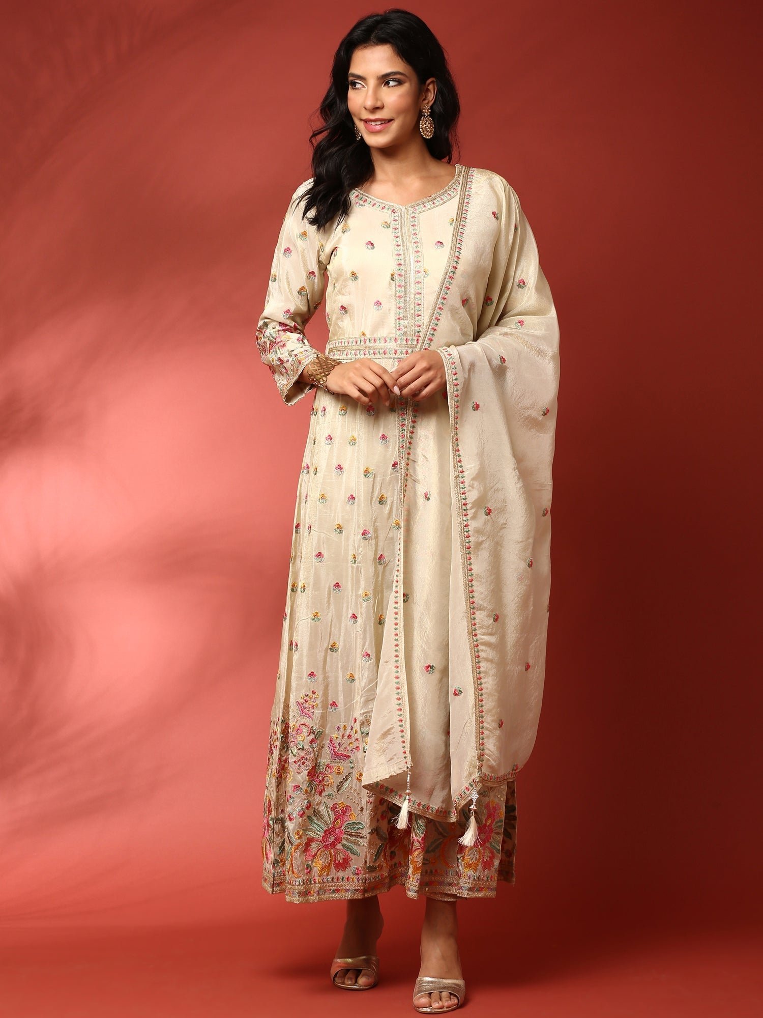 Cream floral thread work tissue fabric three piece anarkali set - Image 5