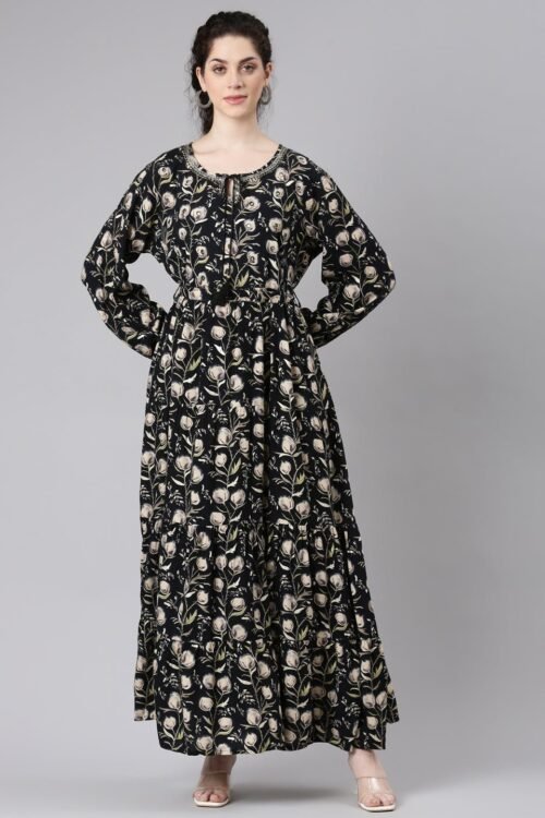 Websprint Black Floral Print Maxi Dresses – Elegant, Flowing Silhouettes