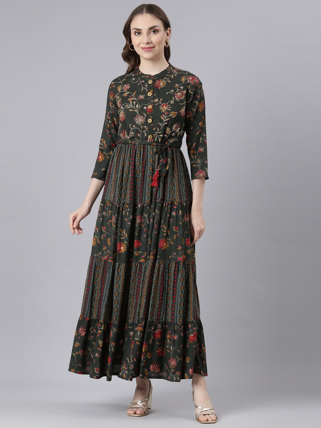 Websprint Olive Floral Maxi Dresses in Viscose Rayon – Straight-Cut, Casual Style