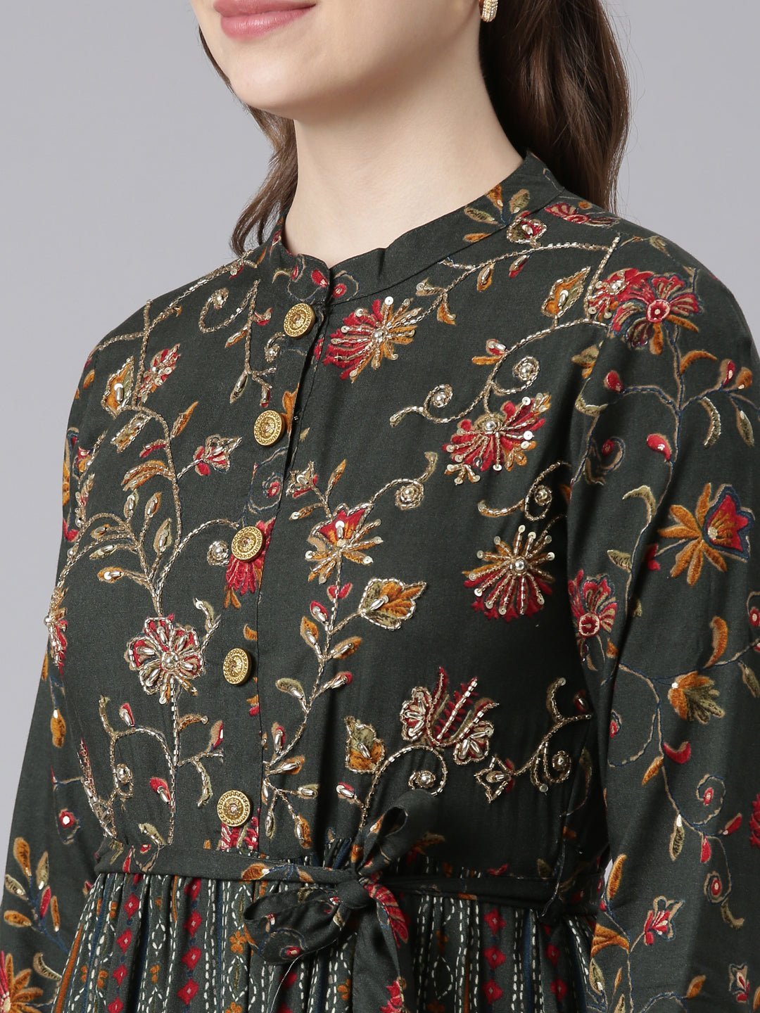 Websprint Olive Floral Maxi Dresses in Viscose Rayon – Straight-Cut, Casual Style - Image 5