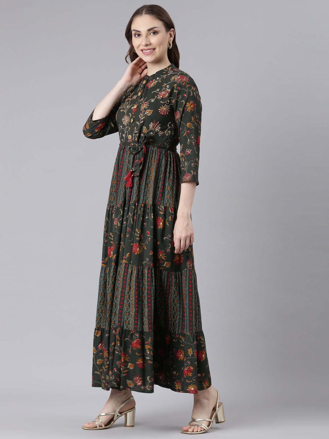 Websprint Olive Floral Maxi Dresses in Viscose Rayon – Straight-Cut, Casual Style - Image 2