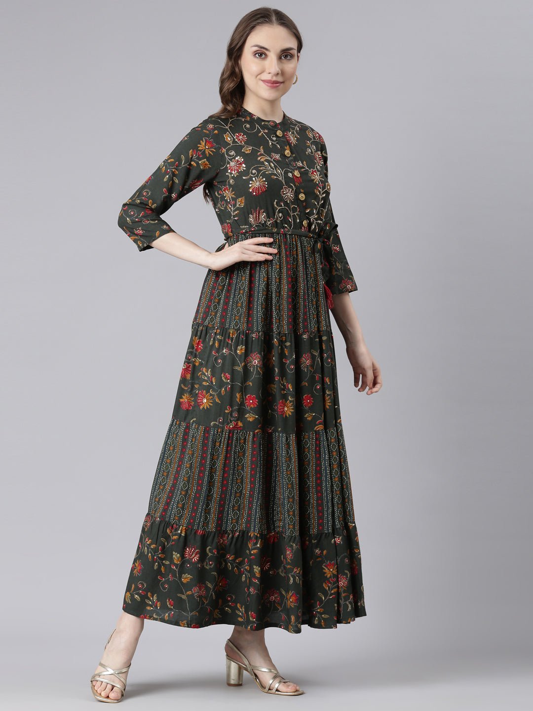 Websprint Olive Floral Maxi Dresses in Viscose Rayon – Straight-Cut, Casual Style - Image 3