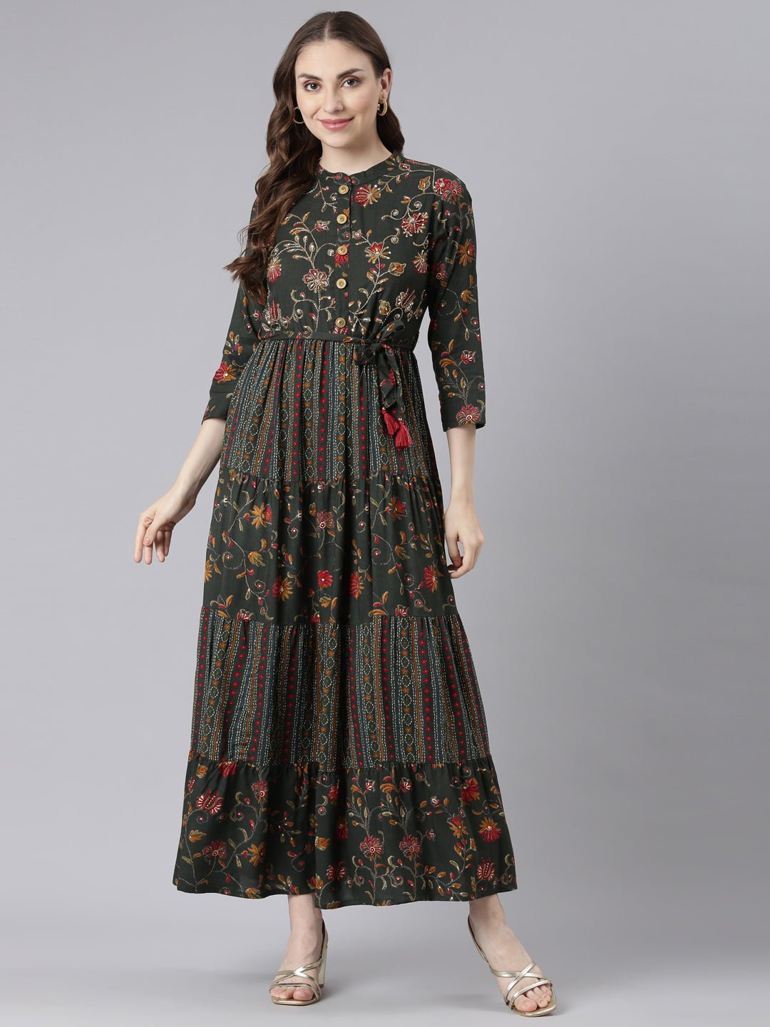 Websprint Olive Floral Maxi Dresses in Viscose Rayon – Straight-Cut, Casual Style - Image 6