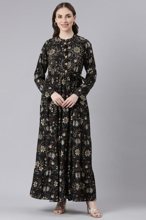 Websprint Black Viscose Rayon Curved Silhouette Casual Floral Maxi Dresses