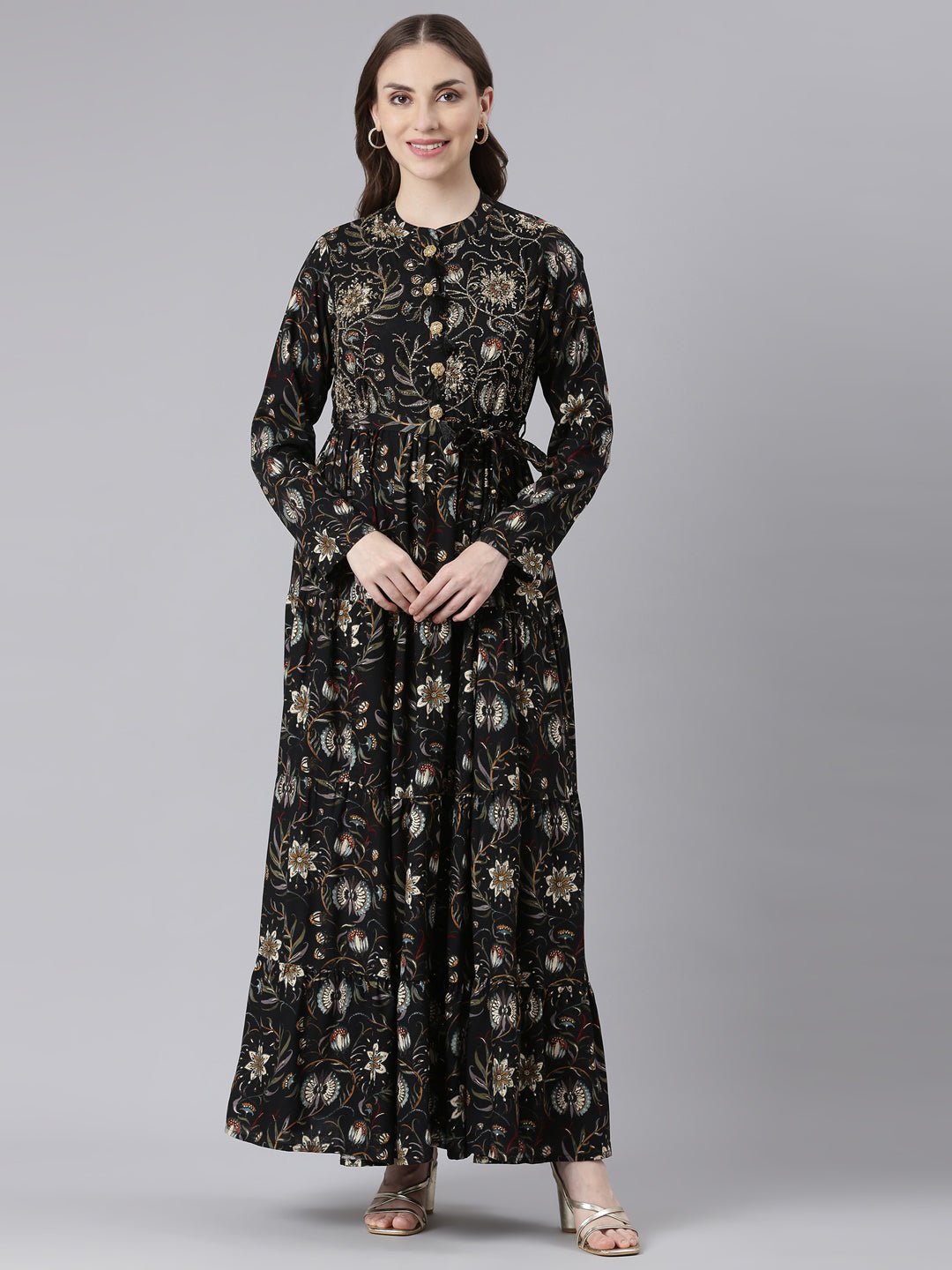 Websprint Black Viscose Rayon Curved Silhouette Casual Floral Maxi Dresses