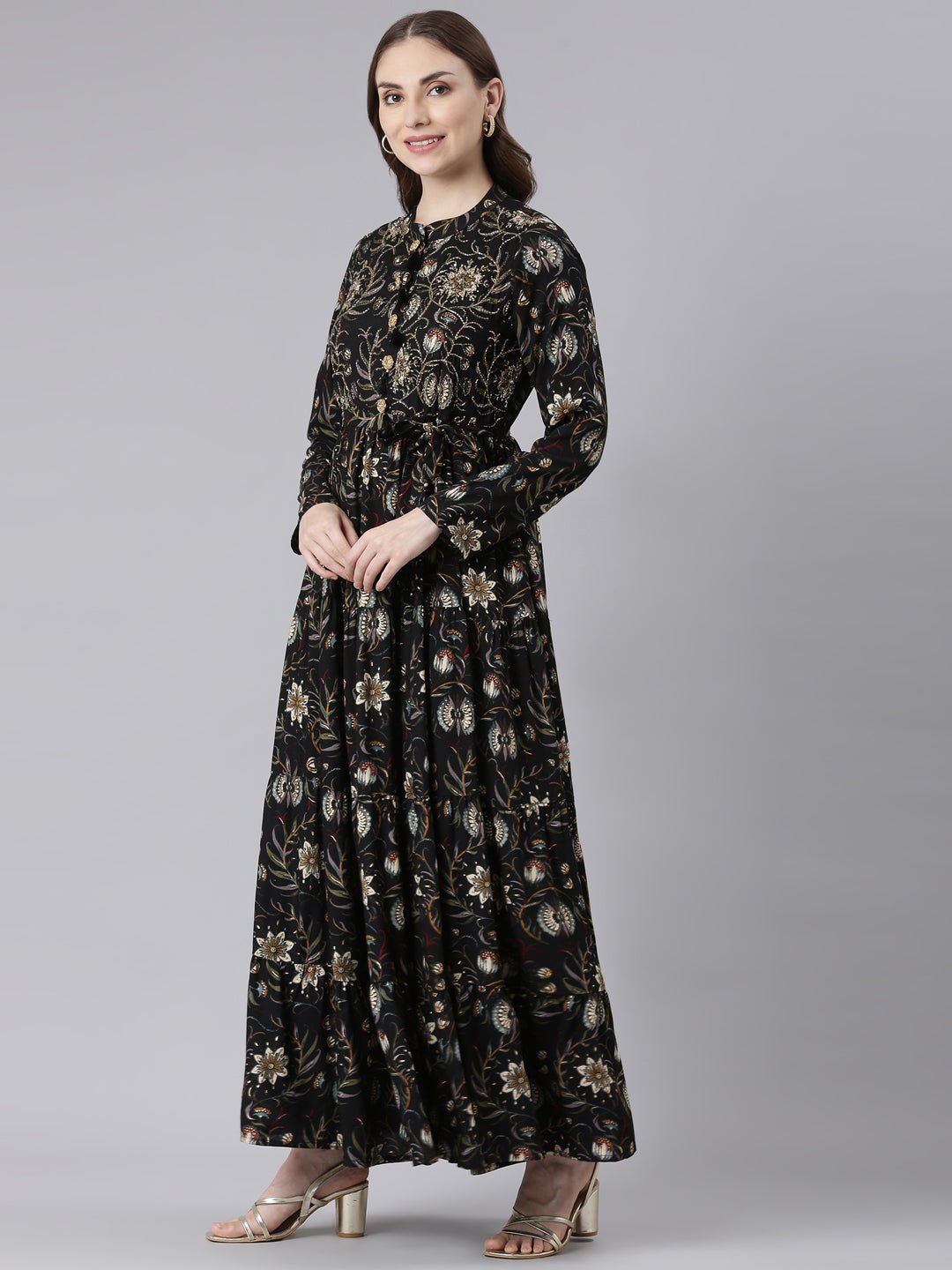 Websprint Black Viscose Rayon Curved Silhouette Casual Floral Maxi Dresses - Image 2