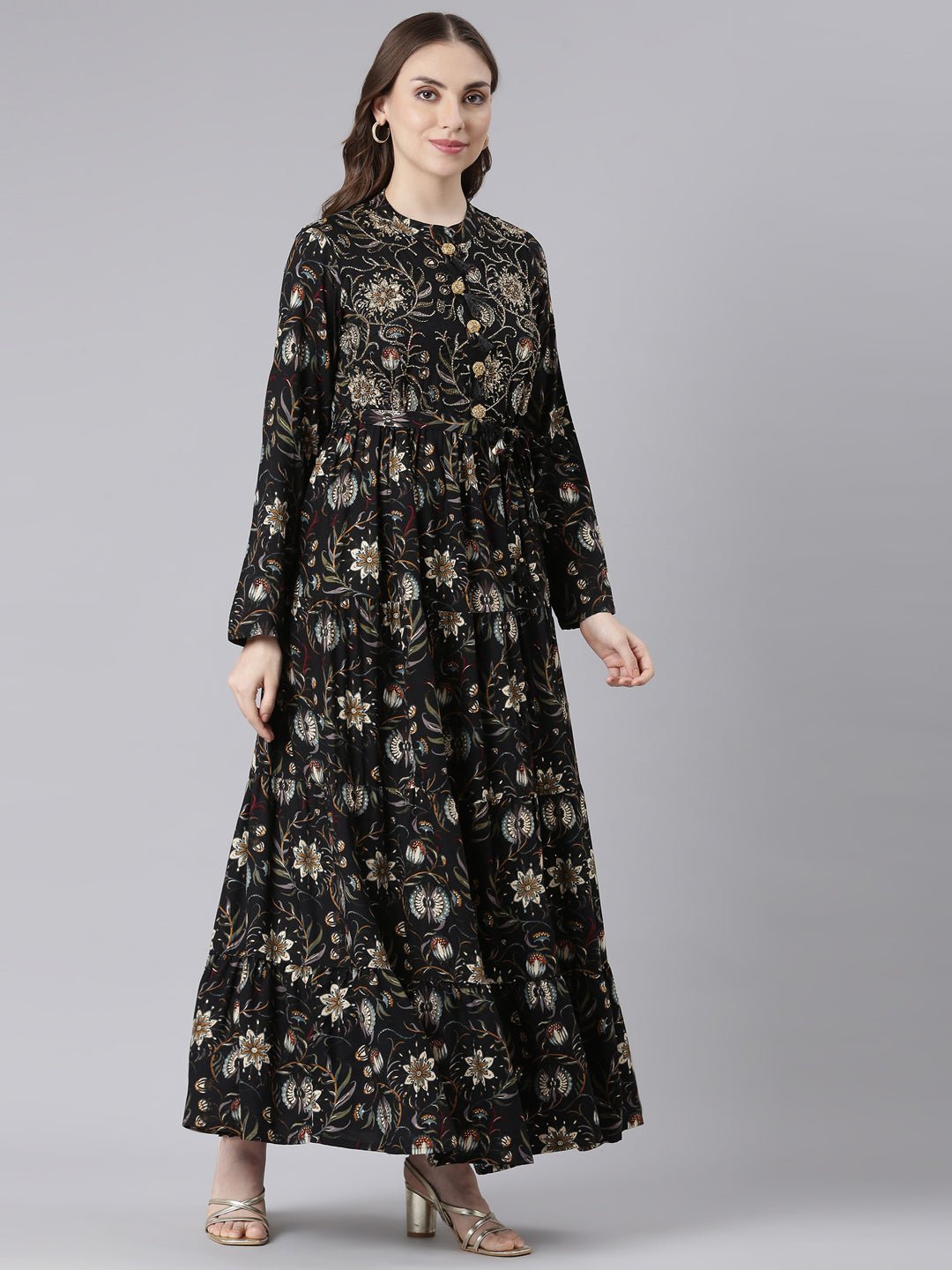Websprint Black Viscose Rayon Curved Silhouette Casual Floral Maxi Dresses - Image 3