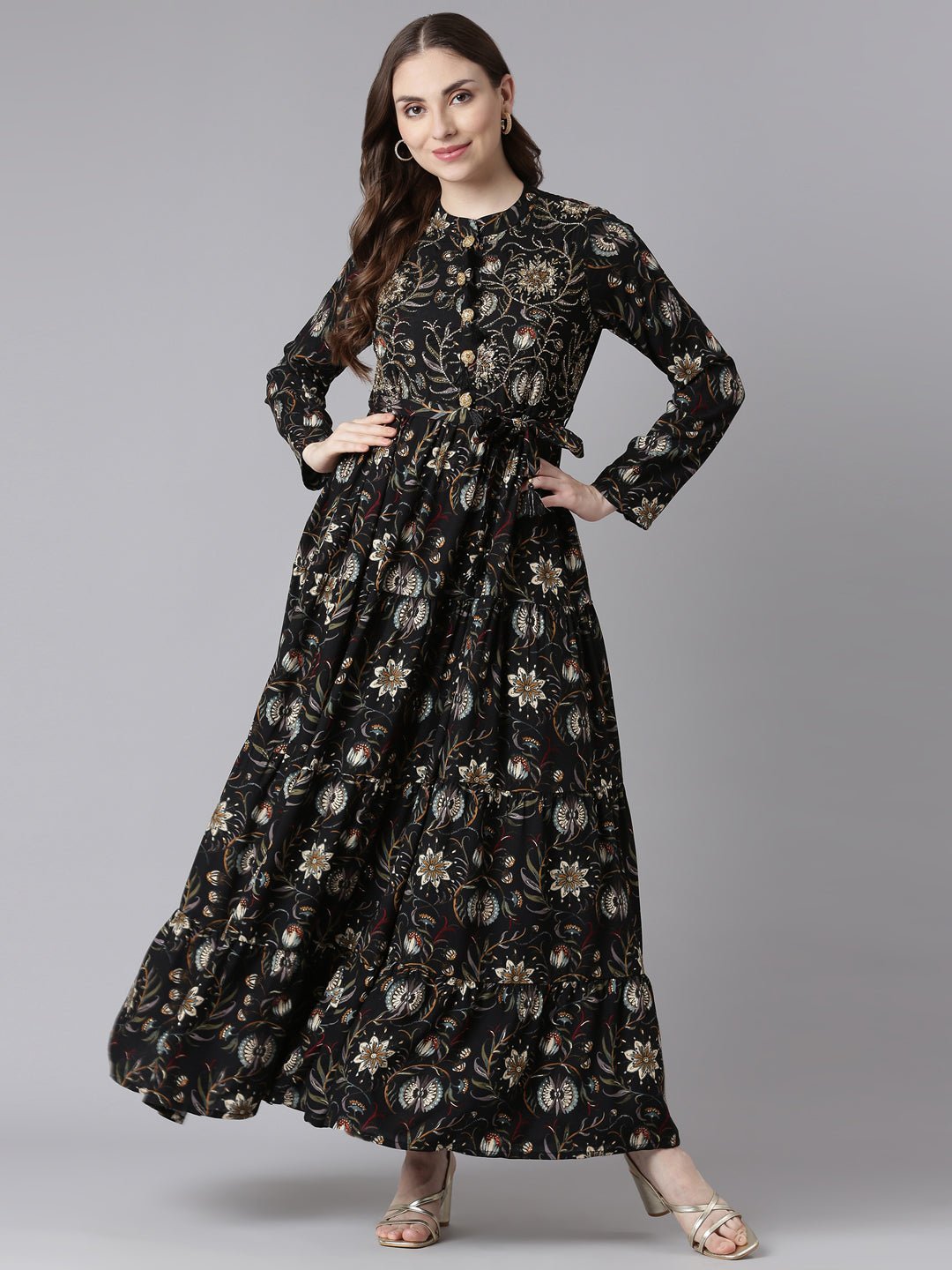 Websprint Black Viscose Rayon Curved Silhouette Casual Floral Maxi Dresses - Image 6