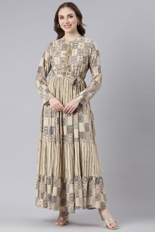 Websprint Beige Viscose Rayon Curved Geometric Maxi Dresses – Casual Everyday Wear