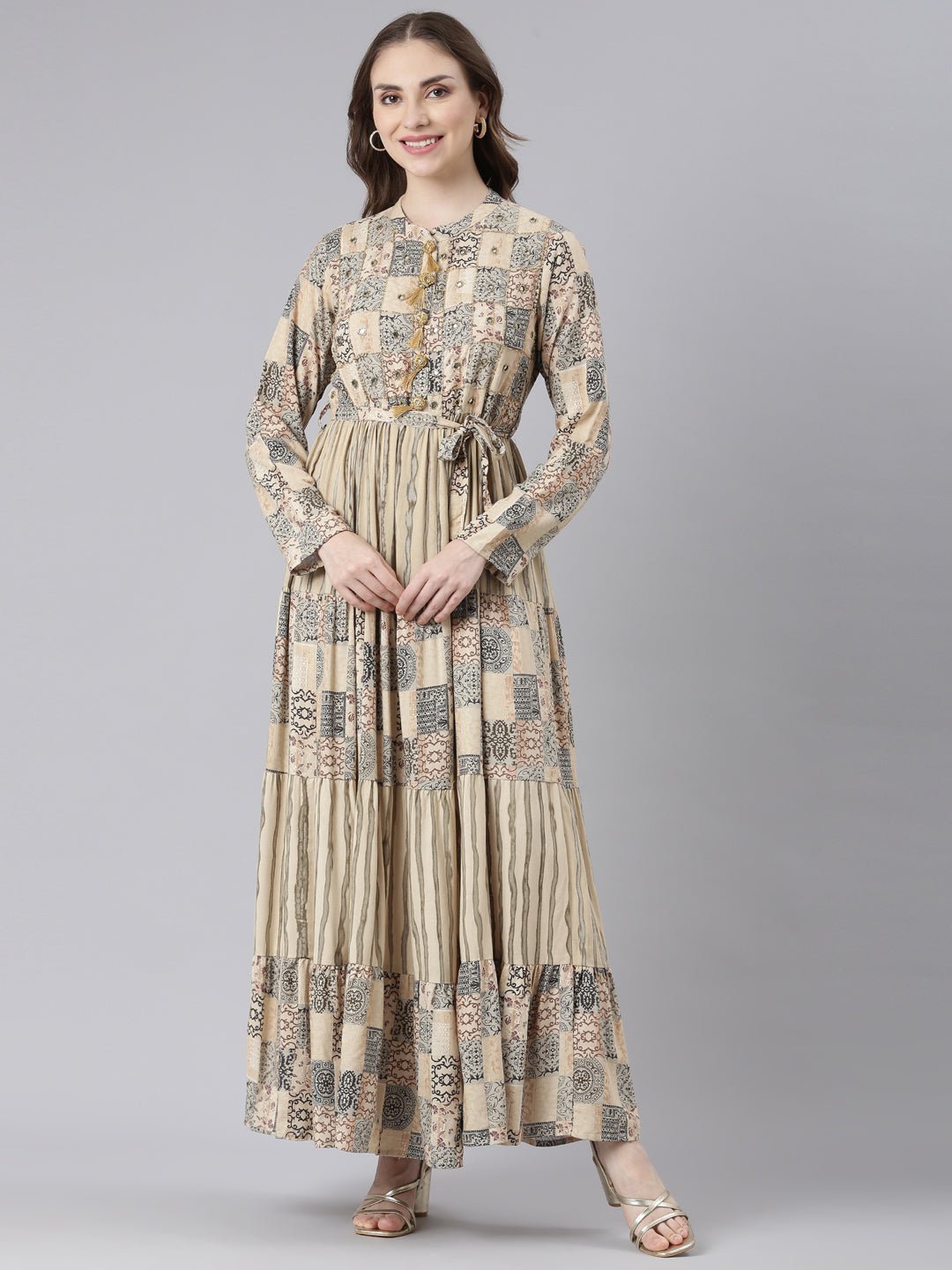 Websprint Beige Viscose Rayon Curved Geometric Maxi Dresses – Casual Everyday Wear