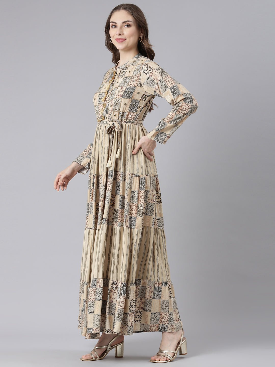 Websprint Beige Viscose Rayon Curved Geometric Maxi Dresses – Casual Everyday Wear - Image 2