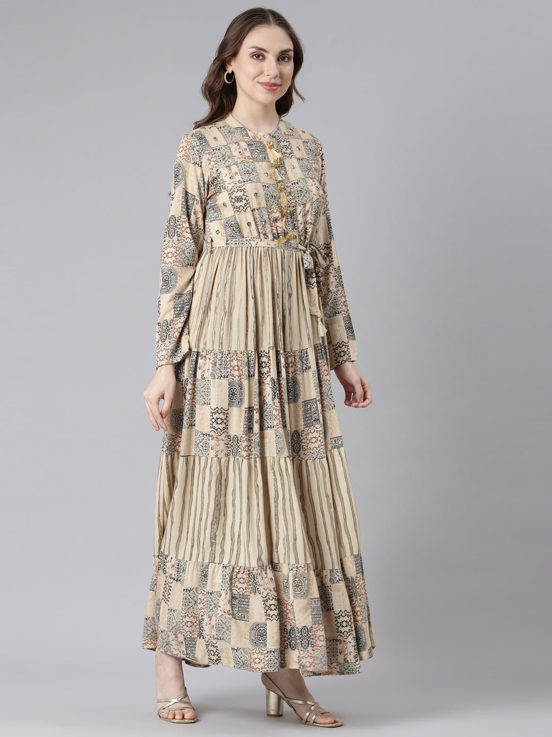 Websprint Beige Viscose Rayon Curved Geometric Maxi Dresses – Casual Everyday Wear - Image 3