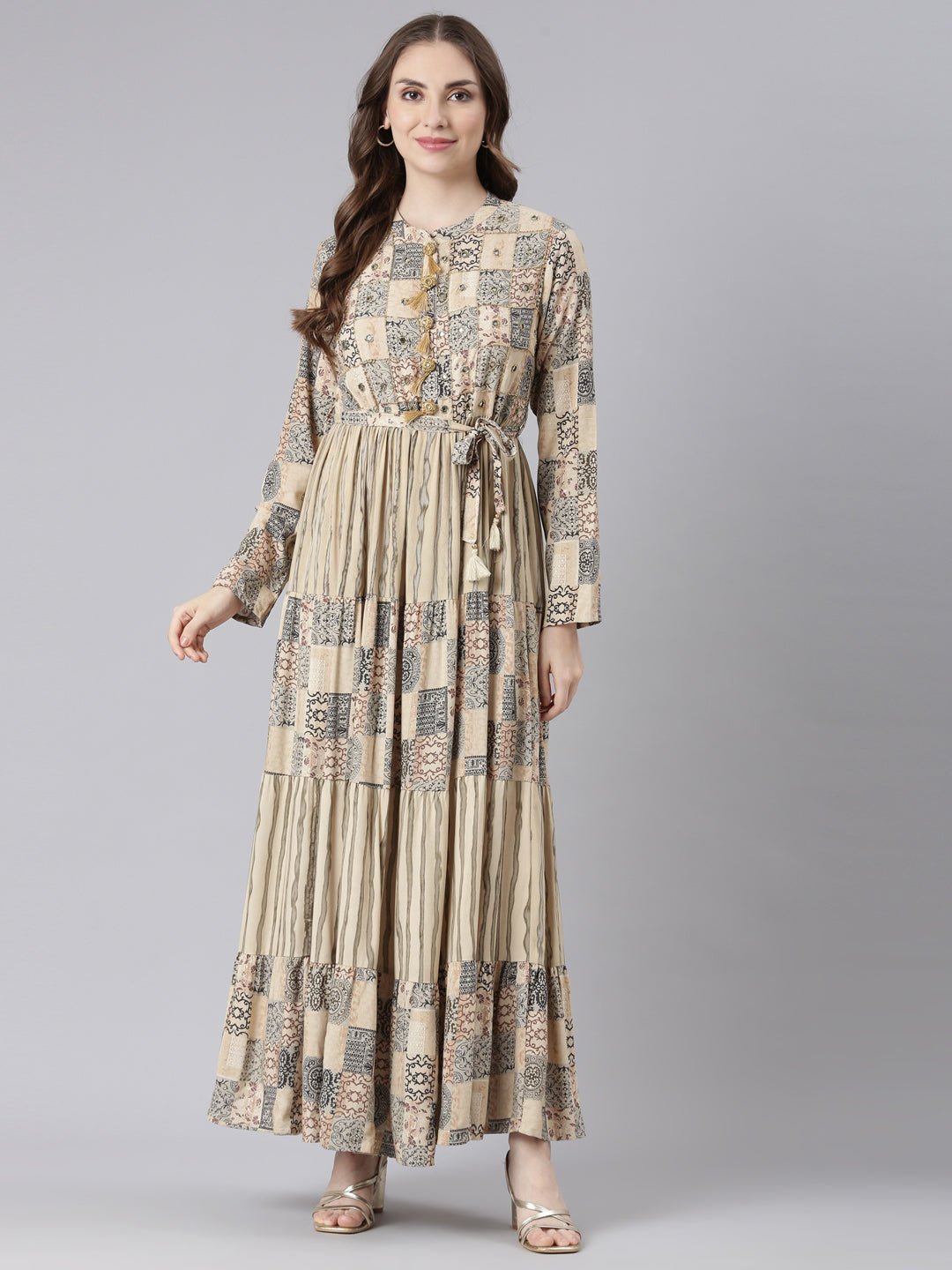 Websprint Beige Viscose Rayon Curved Geometric Maxi Dresses – Casual Everyday Wear - Image 6