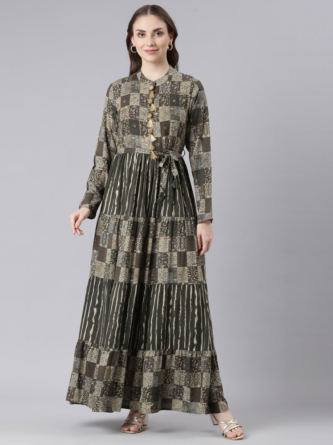 Websprint Olive Viscose Rayon Maxi Dresses with a Curved Silhouette – Casual Geometric Print