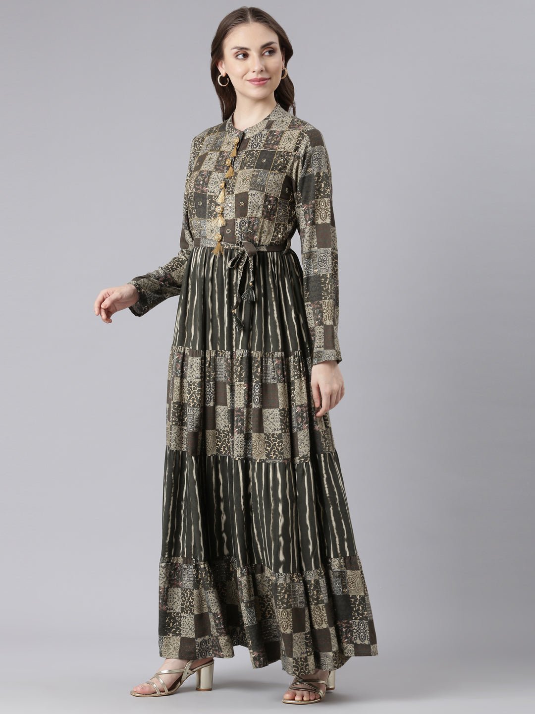 Websprint Olive Viscose Rayon Maxi Dresses with a Curved Silhouette – Casual Geometric Print - Image 2
