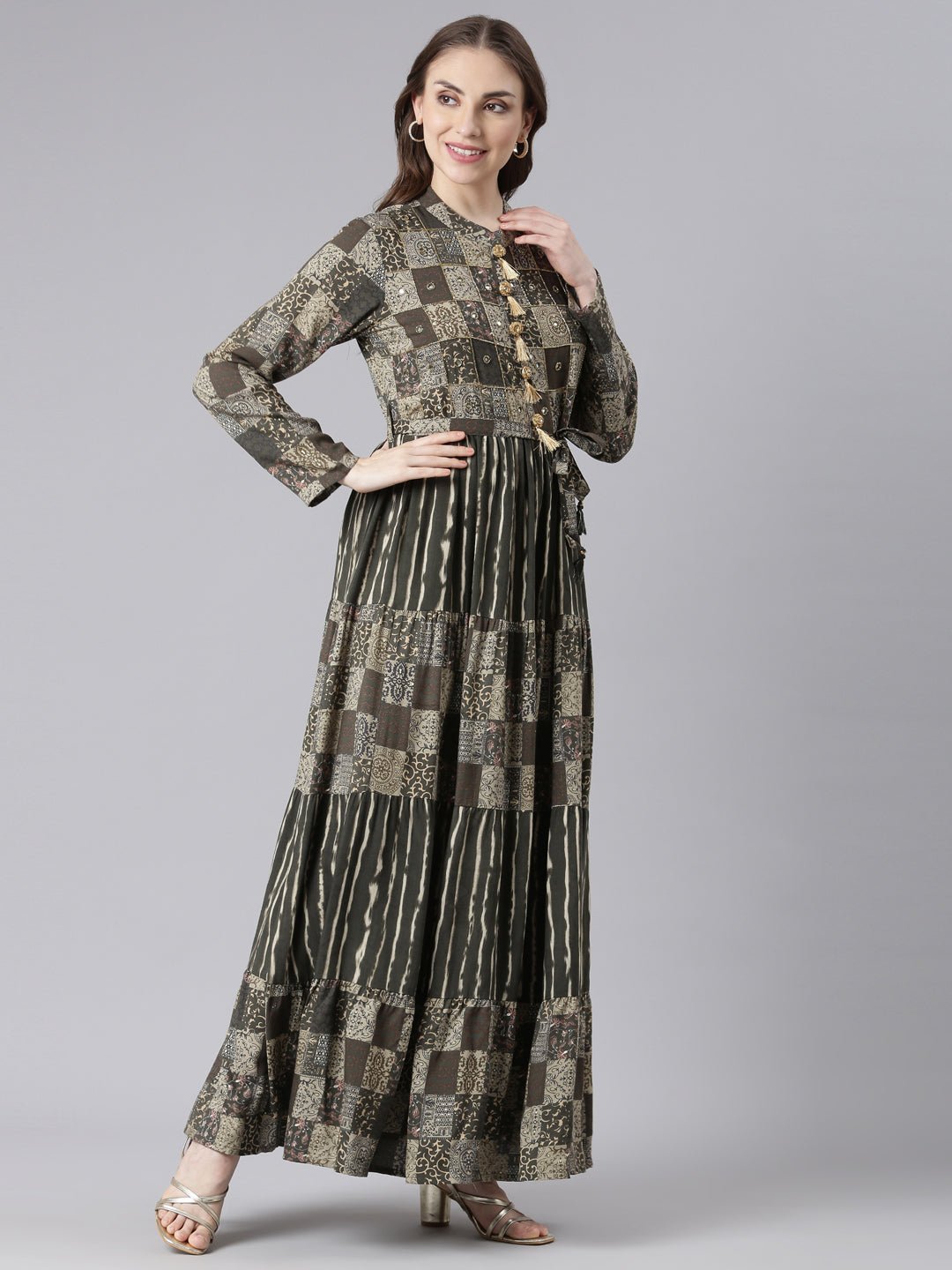 Websprint Olive Viscose Rayon Maxi Dresses with a Curved Silhouette – Casual Geometric Print - Image 3
