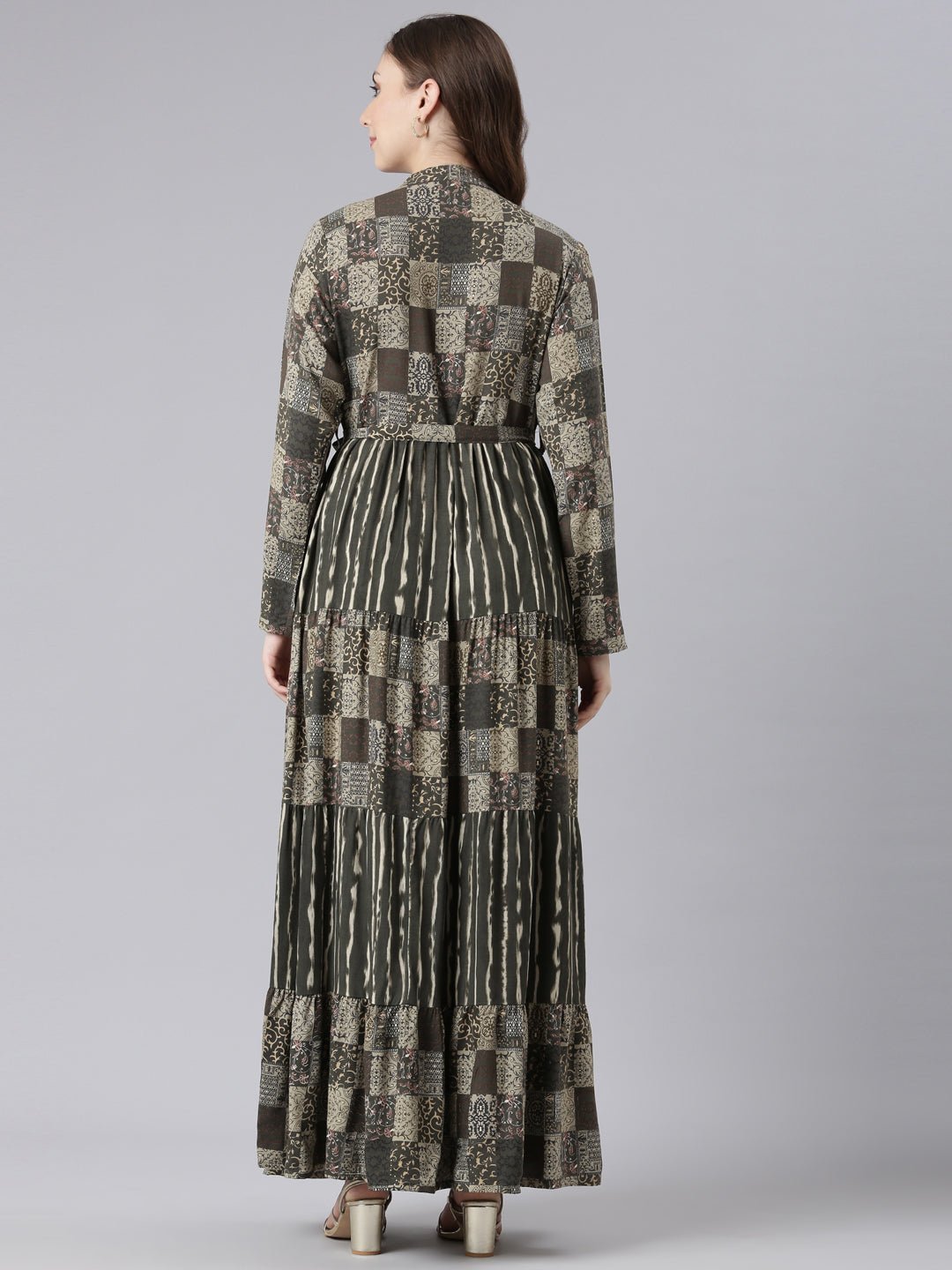 Websprint Olive Viscose Rayon Maxi Dresses with a Curved Silhouette – Casual Geometric Print - Image 4