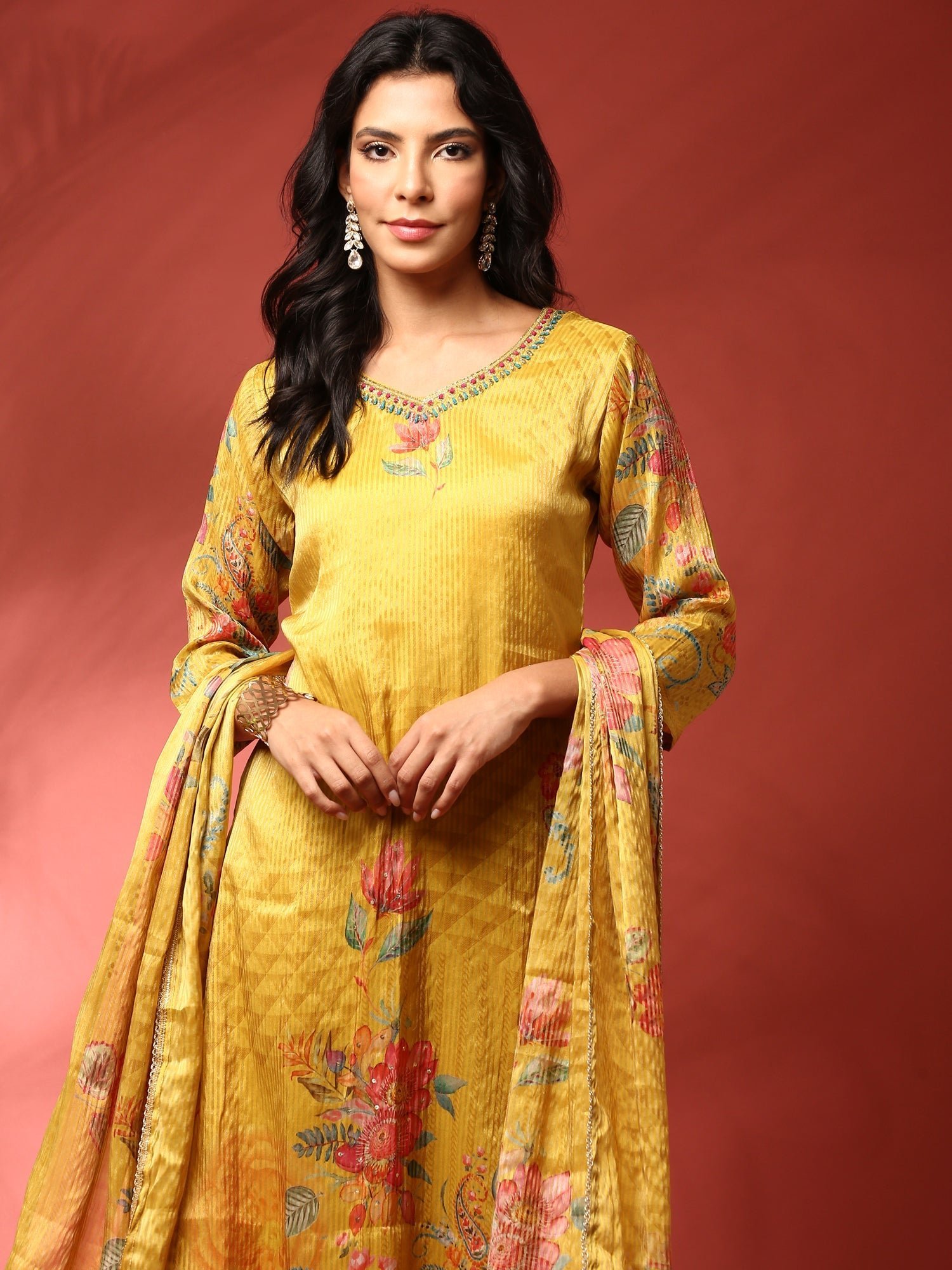 Mustard Floral printed crepe three piece suit set - Image 2