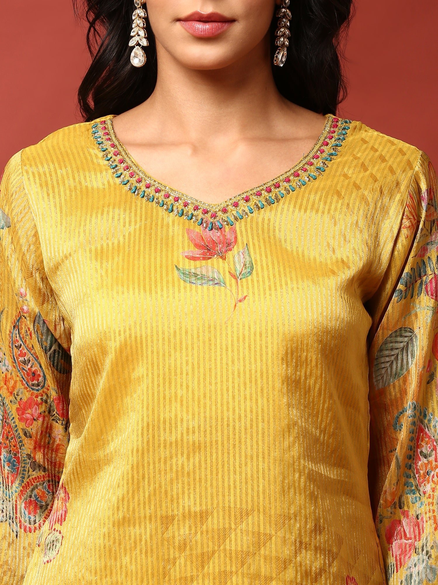 Mustard Floral printed crepe three piece suit set - Image 5