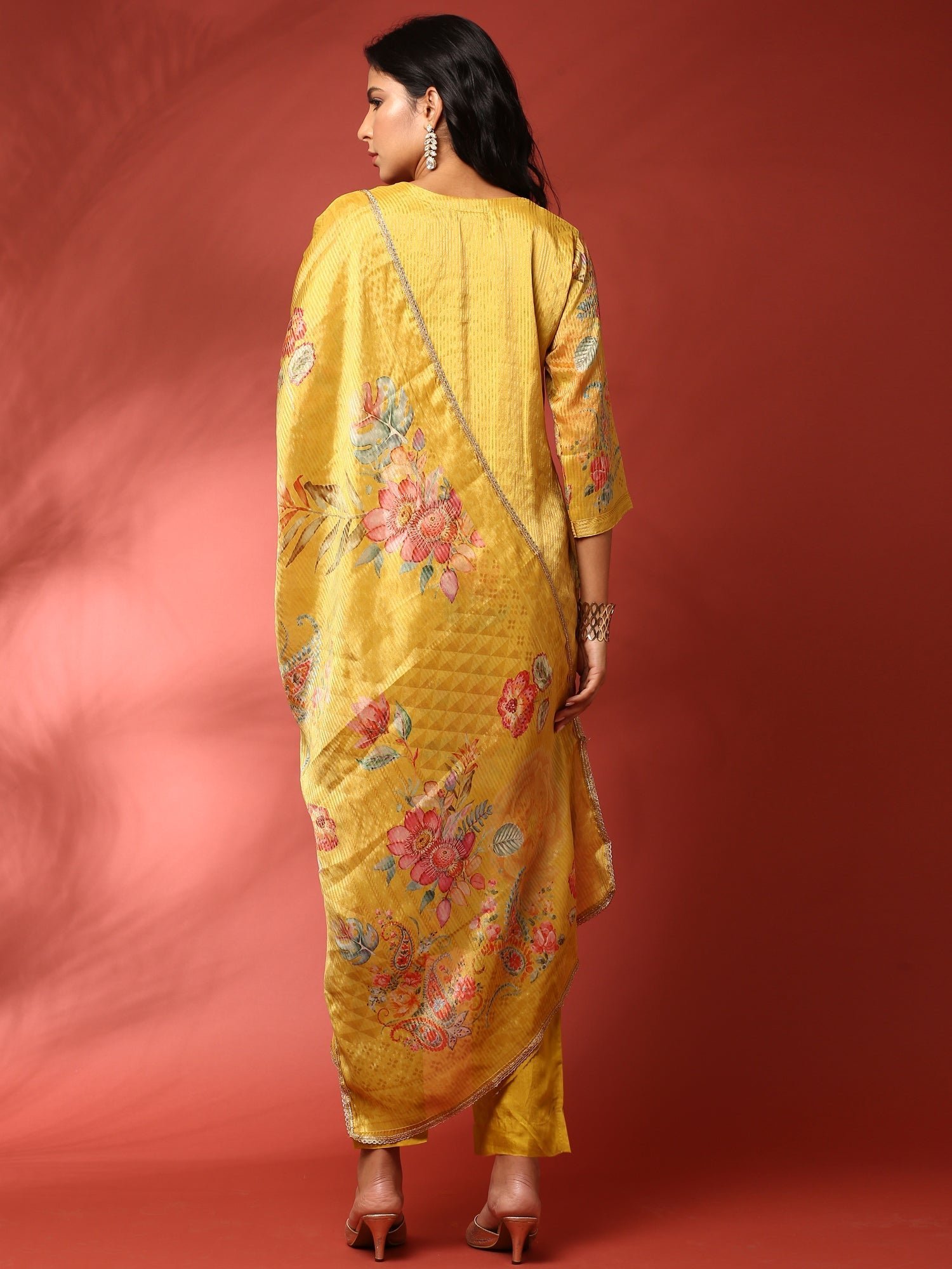 Mustard Floral printed crepe three piece suit set - Image 4
