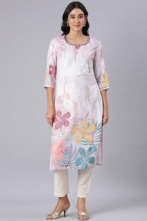 Websprint Off White Straight Casual Floral Kurta