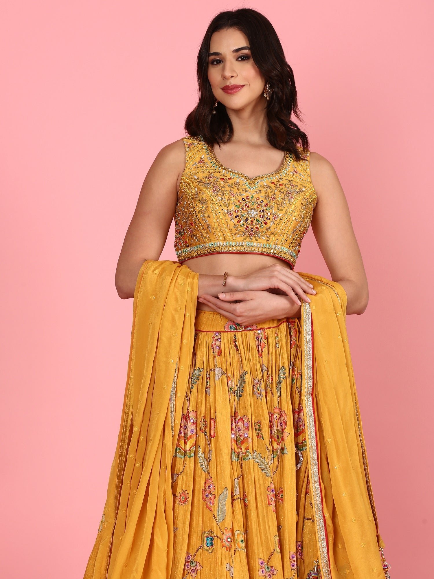 Yellow embroidered georgette Three piece ghagra set - Image 6